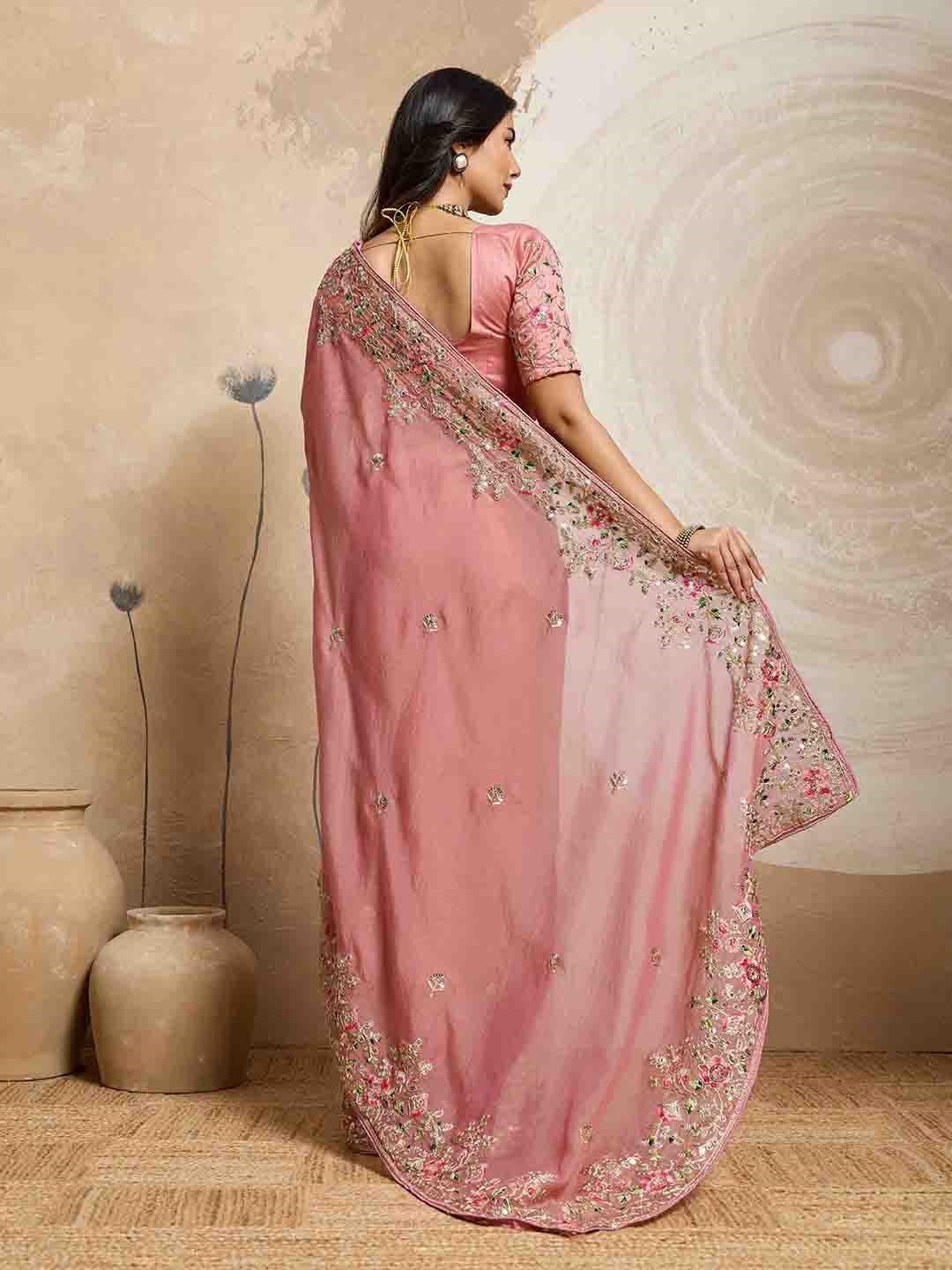 Peach Moss Chiffon Saree With Classic Embroidery