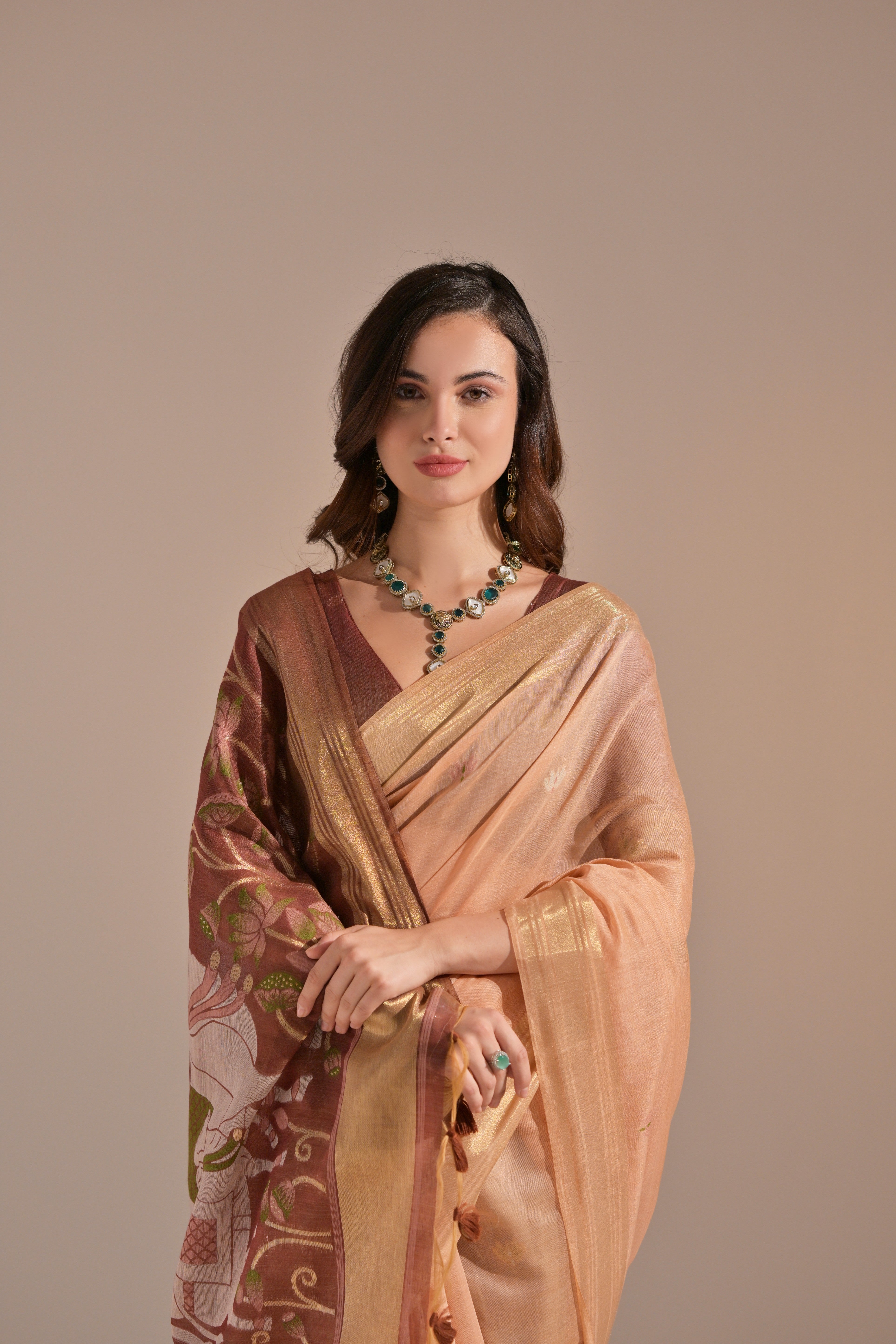 Peach Muga Cotton Saree with Cow Design and Butti Weaves