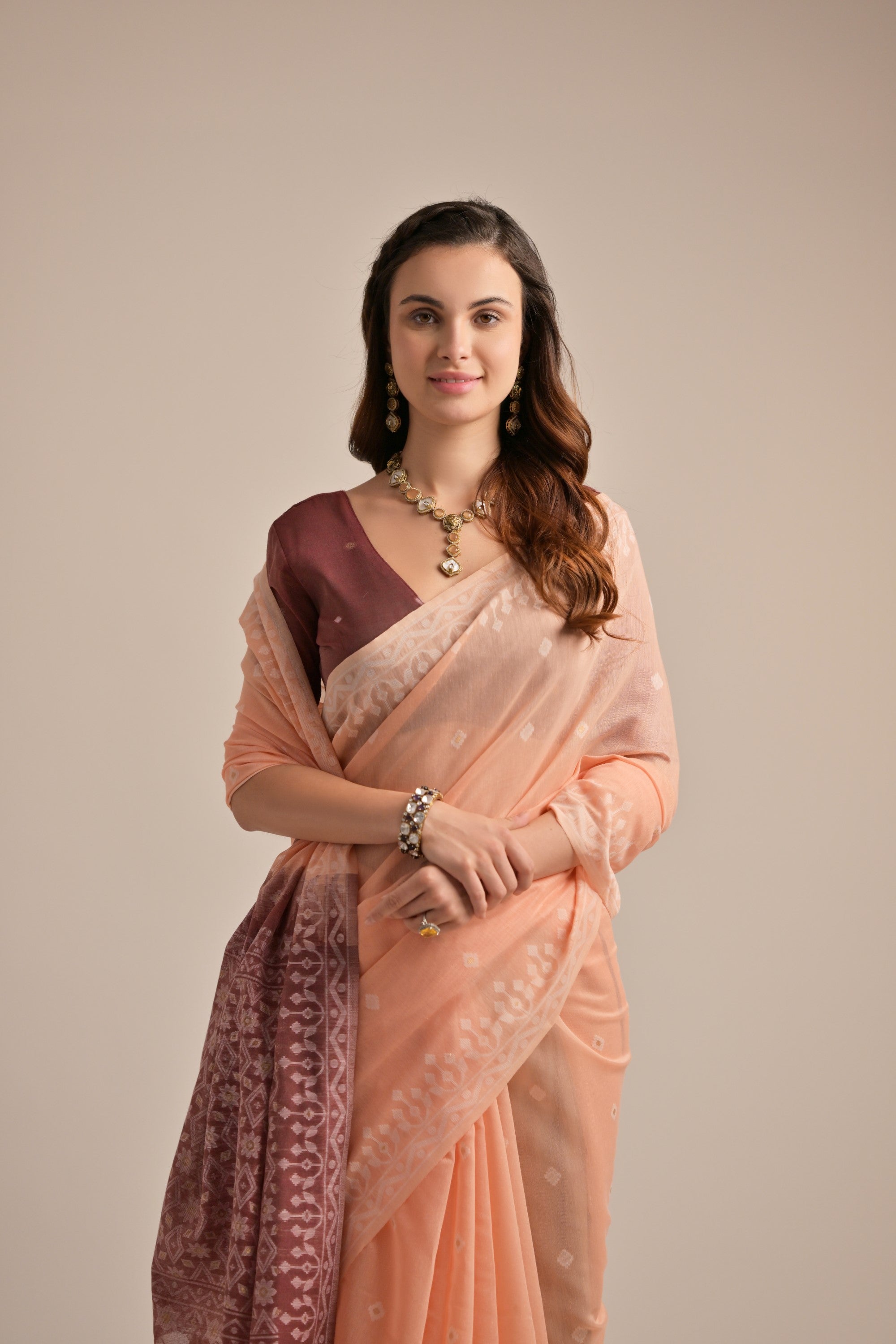 Peach Muga Cotton Saree with Thread Butti and Lakhnawi Pallu