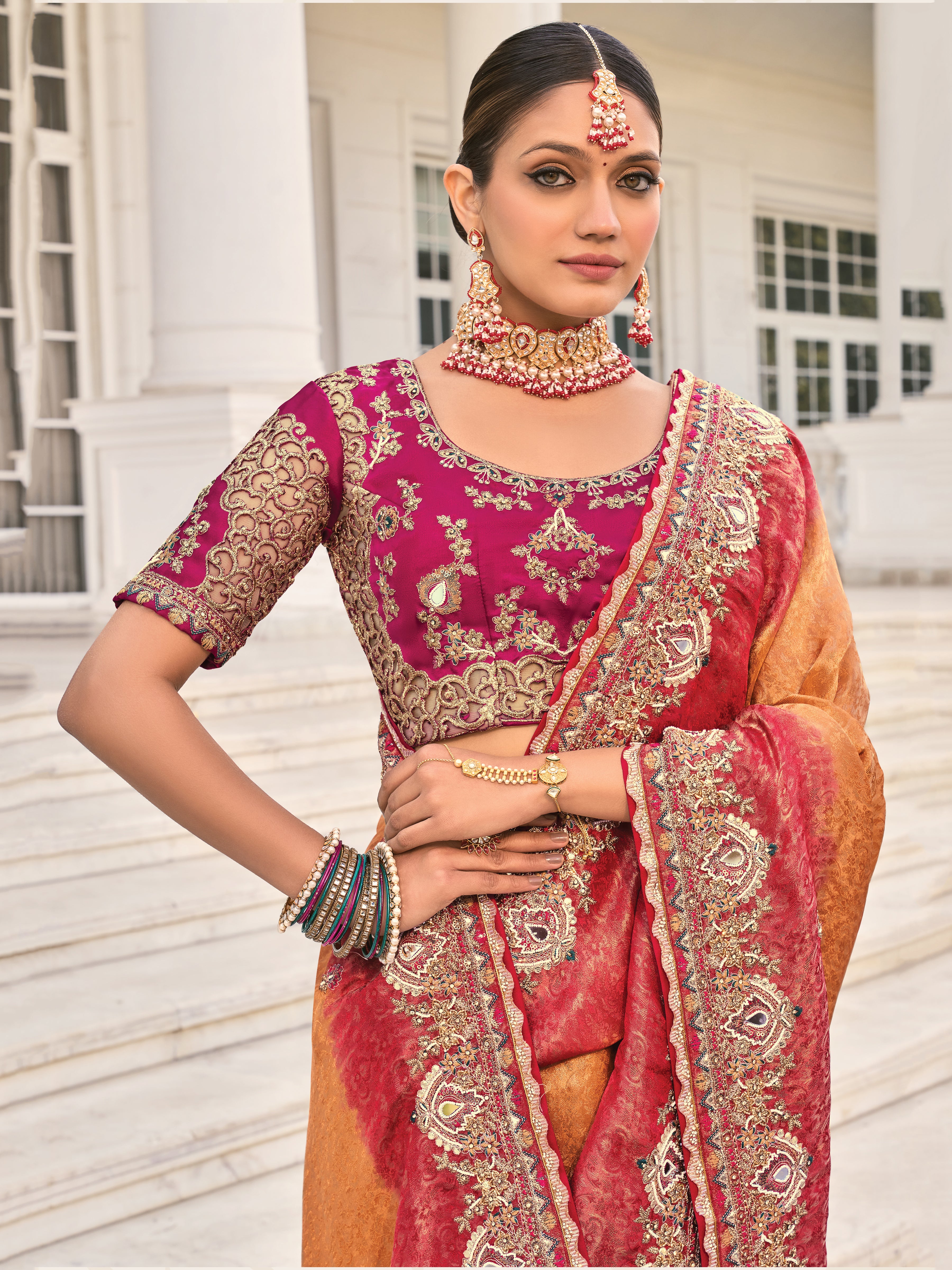 Peach Natural Crepe Jacquard Saree With Embroidery Work