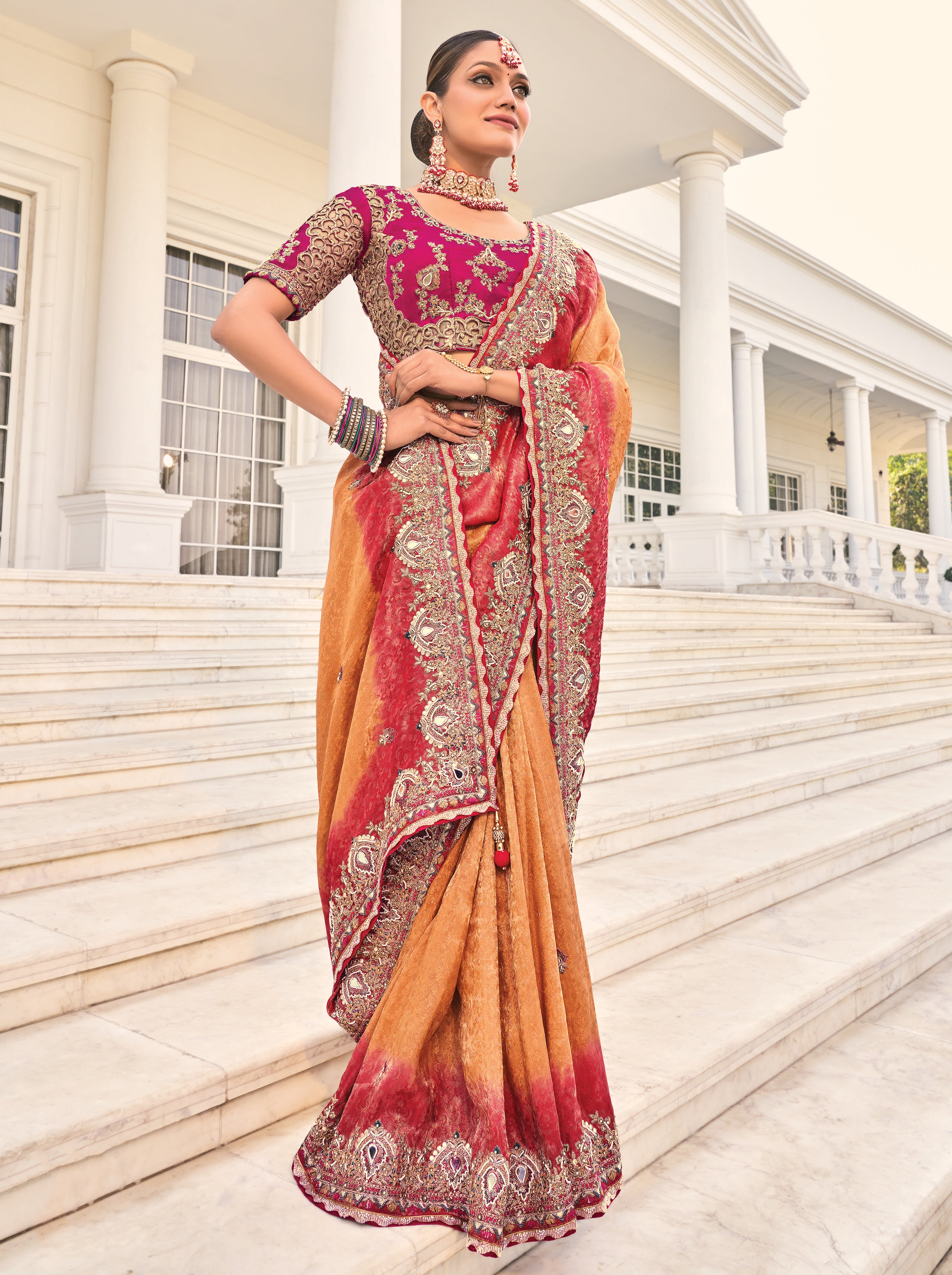 Peach Natural Crepe Jacquard Saree With Embroidery Work