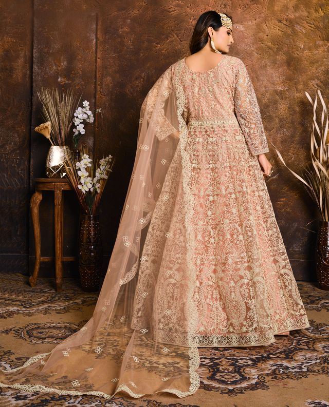 Peach Net Heavy Thread Embroidery Work Anarkali Suits