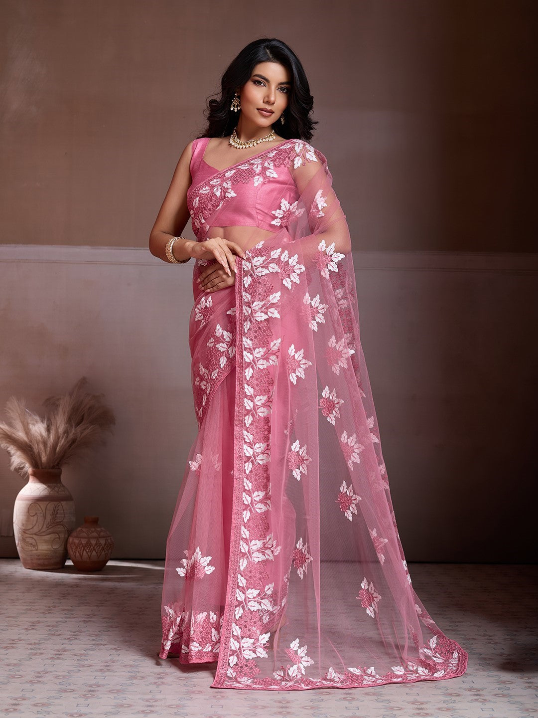 Peach Net Saree With Embroidery Premium Traditional Saree