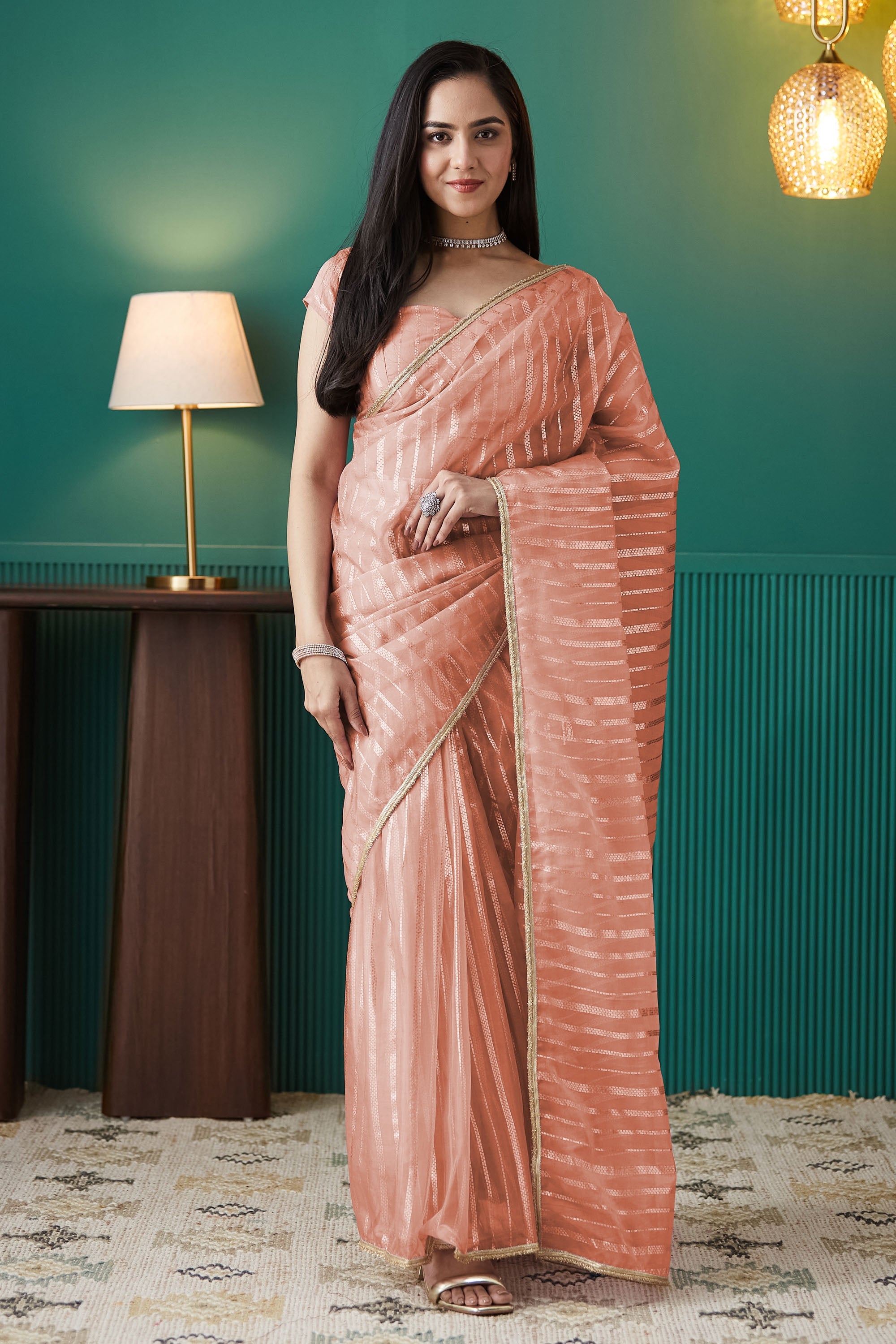 Peach Organza Designer Foil Printed Partywear Saree