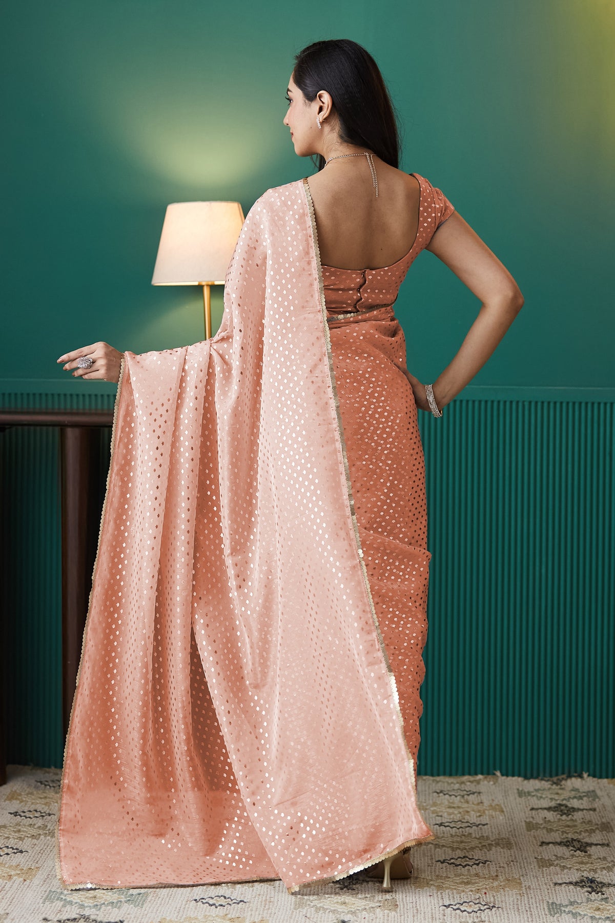 Peach Organza Designer Foil Printed Ready To Wear Saree
