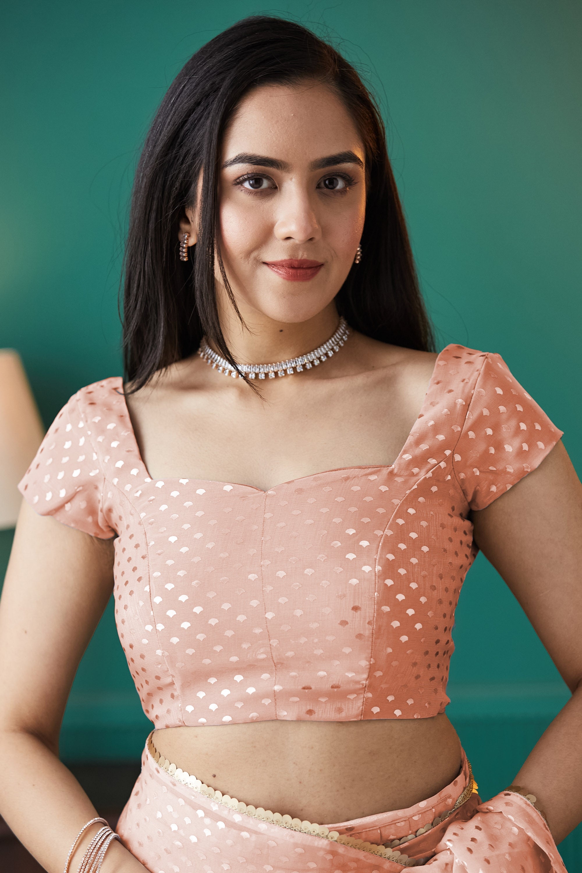 Peach Organza Designer Foil Printed Ready To Wear Saree