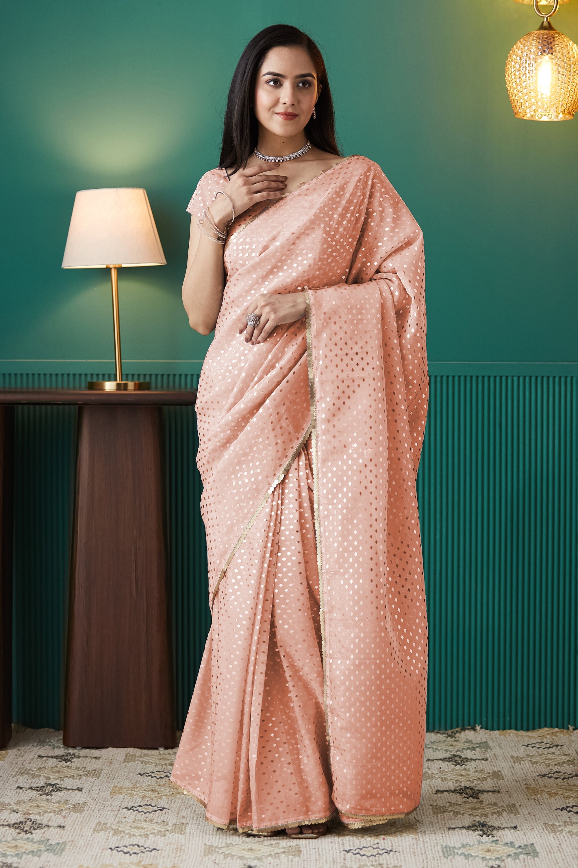 Peach Organza Designer Foil Printed Ready To Wear Saree