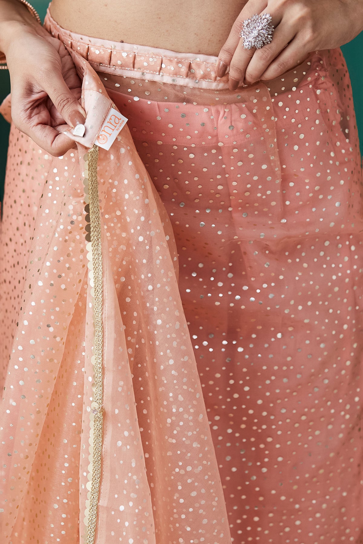 Peach Organza Designer Foil Printed Ready To Wear Saree