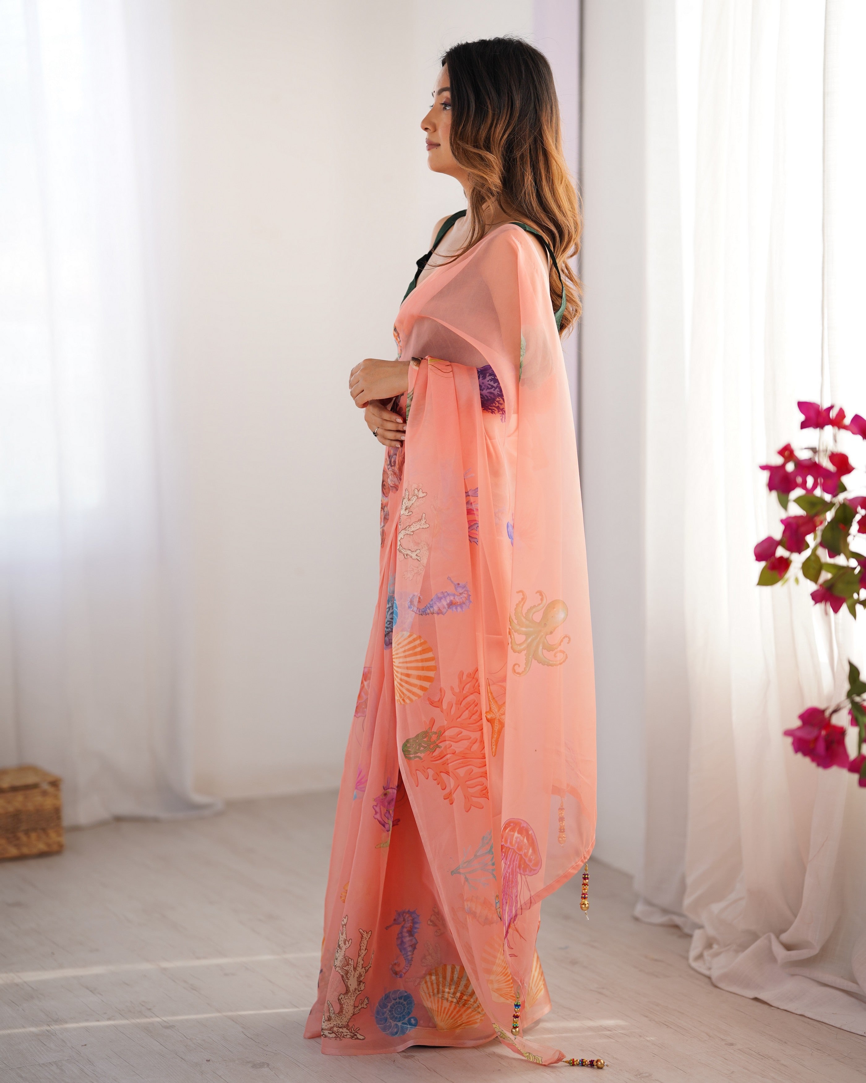 Peach Organza Designer Printed Partywear Saree