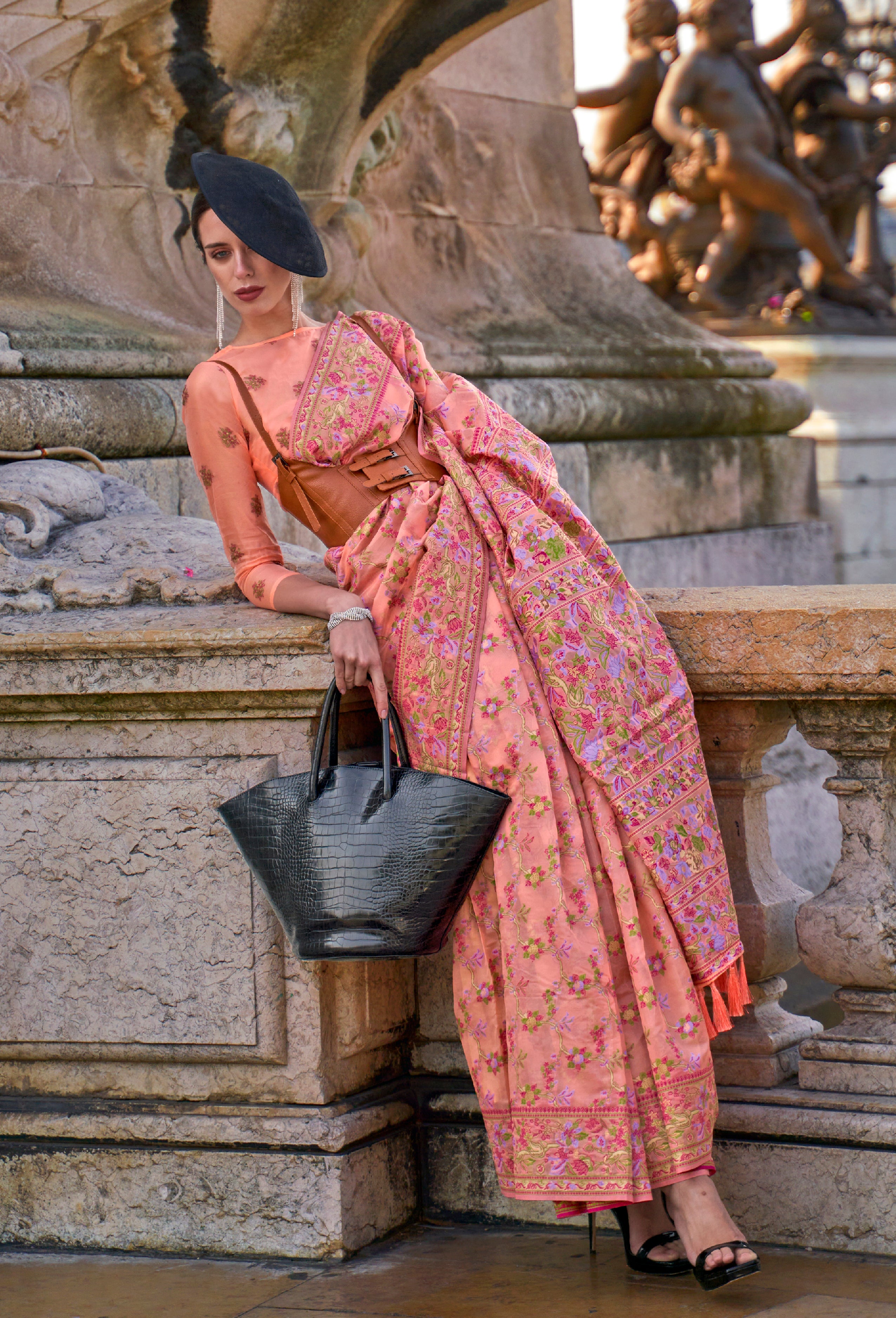 Peach Organza Handloom Saree With Woven Work