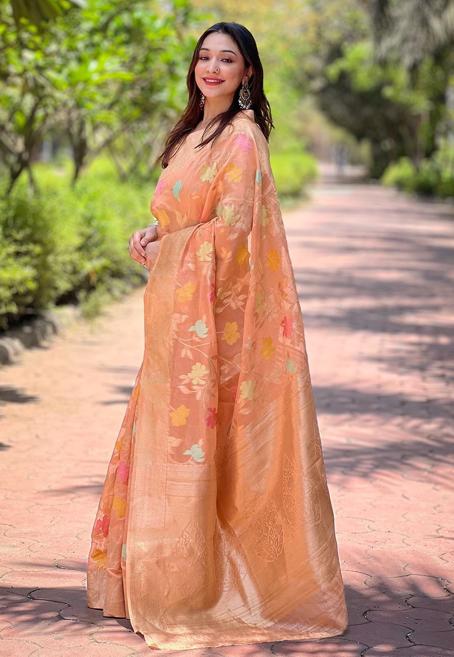 Peach Organza Saree With Woven Work