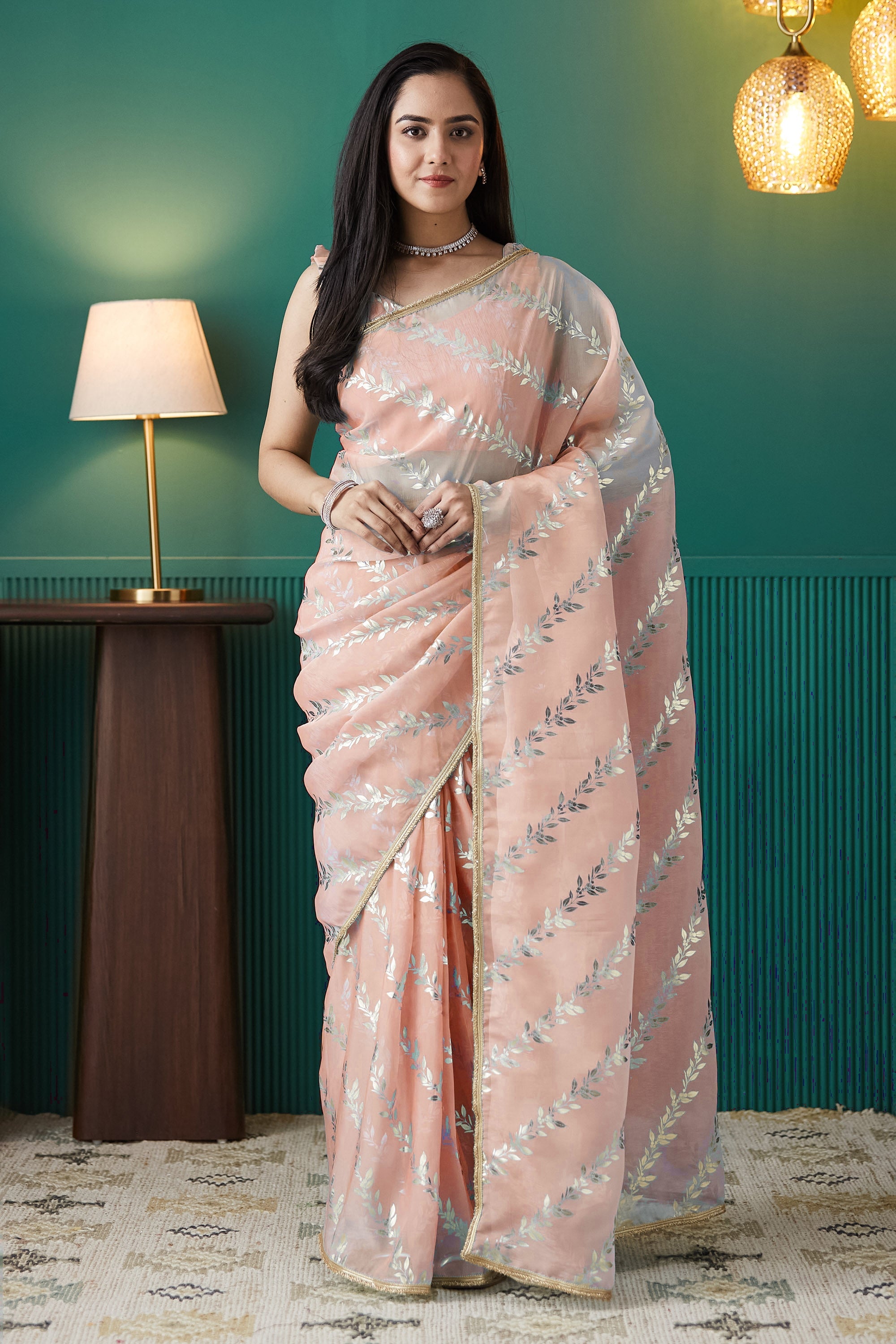 Peach Organza Solid Designer Foil Printed Saree