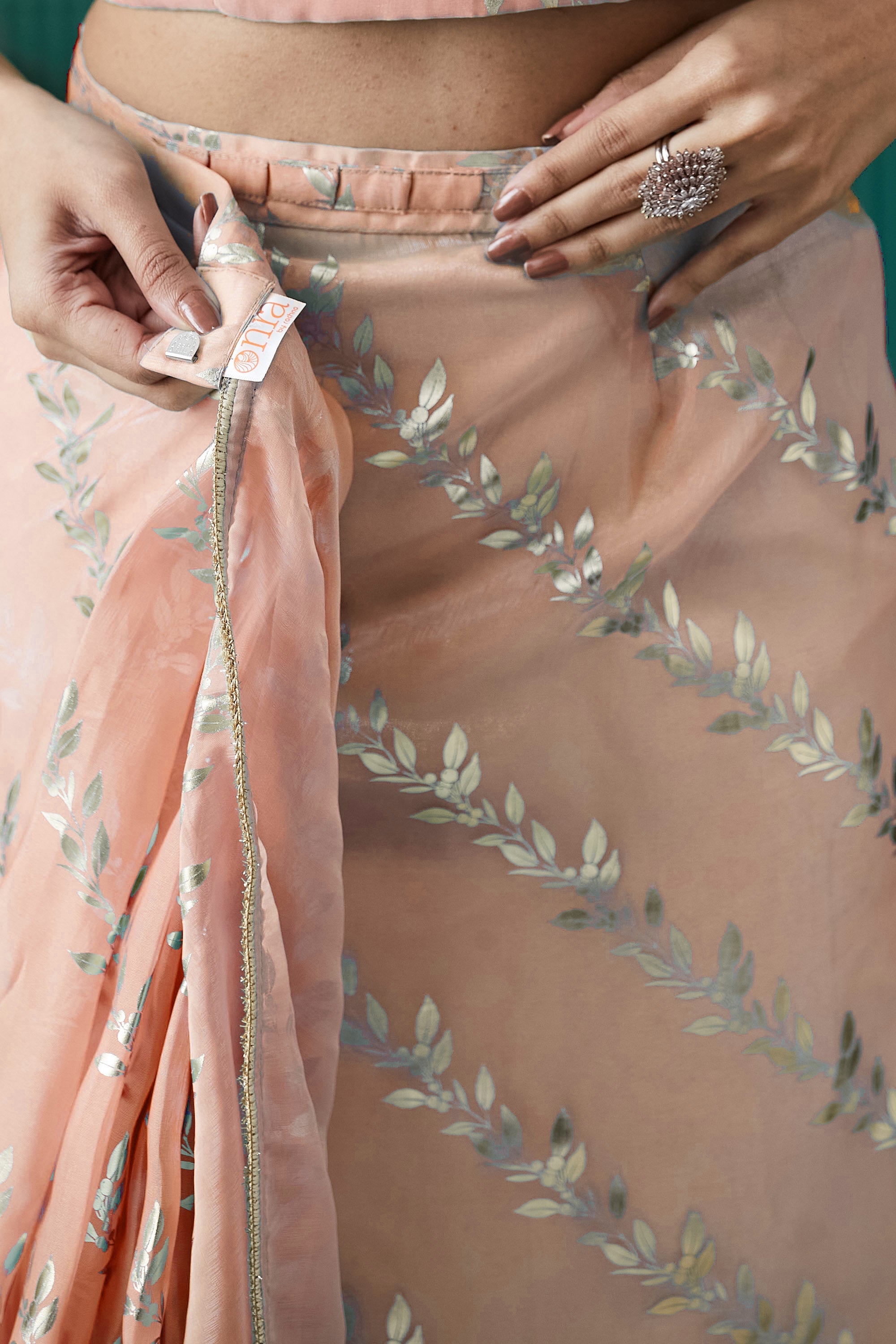 Peach Organza Solid Designer Foil Printed Saree