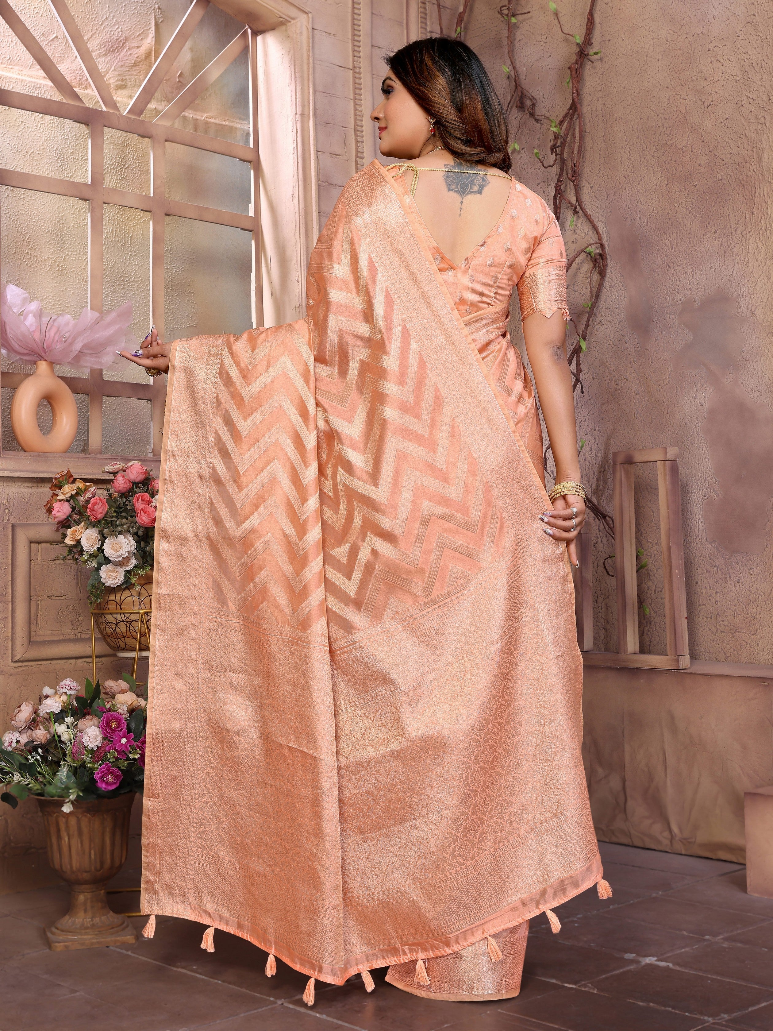 Peach Organza Woven Jari Designer Heavy Ceremonial Saree