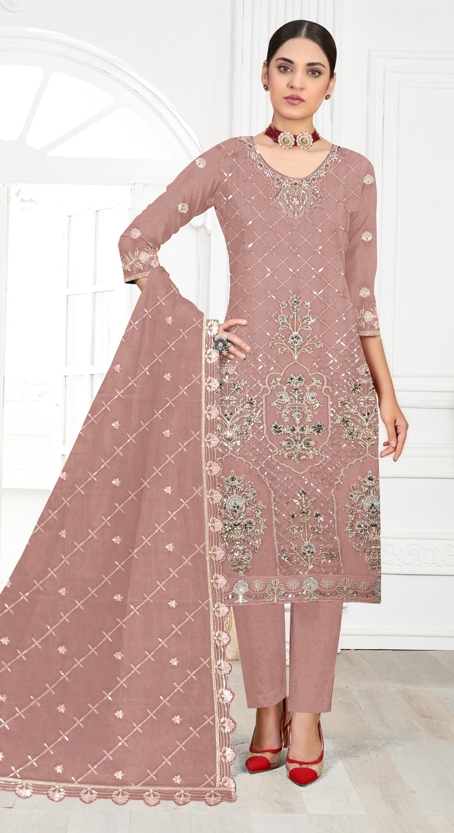 Peach Pakistani Salwar Suit With Heavy Embroidery Work