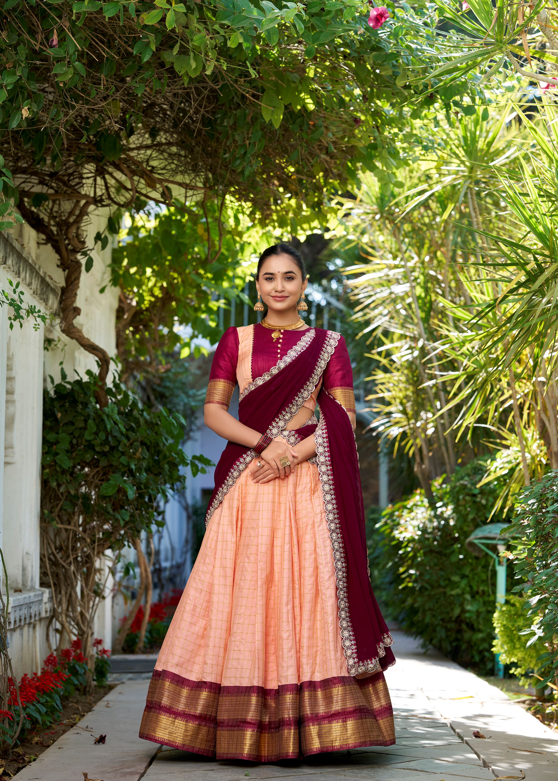 Peach Perfection Chex Pattern Zari Weaving Lehenga That Blends Elegance With Tradition