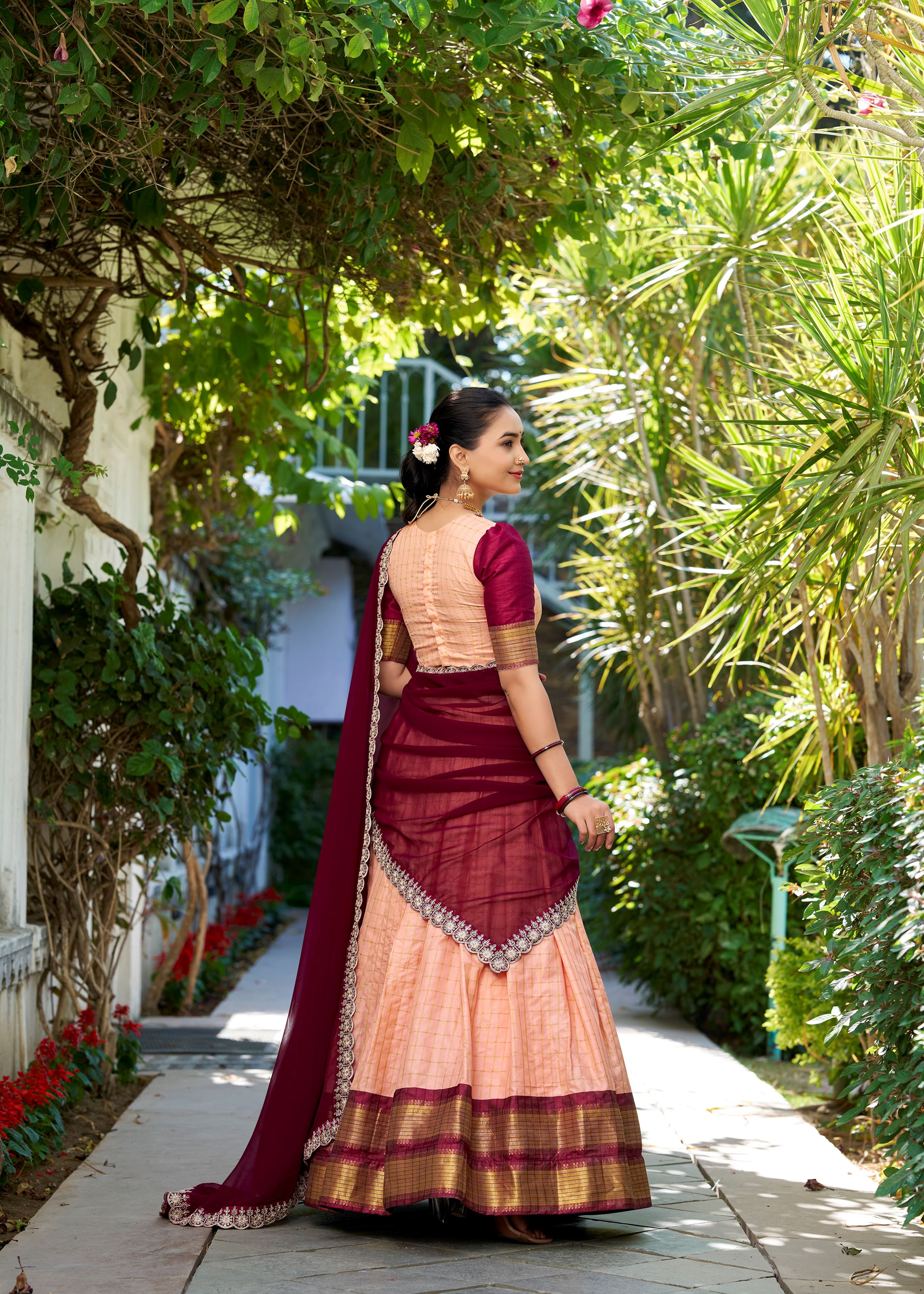 Peach Perfection Chex Pattern Zari Weaving Lehenga That Blends Elegance With Tradition