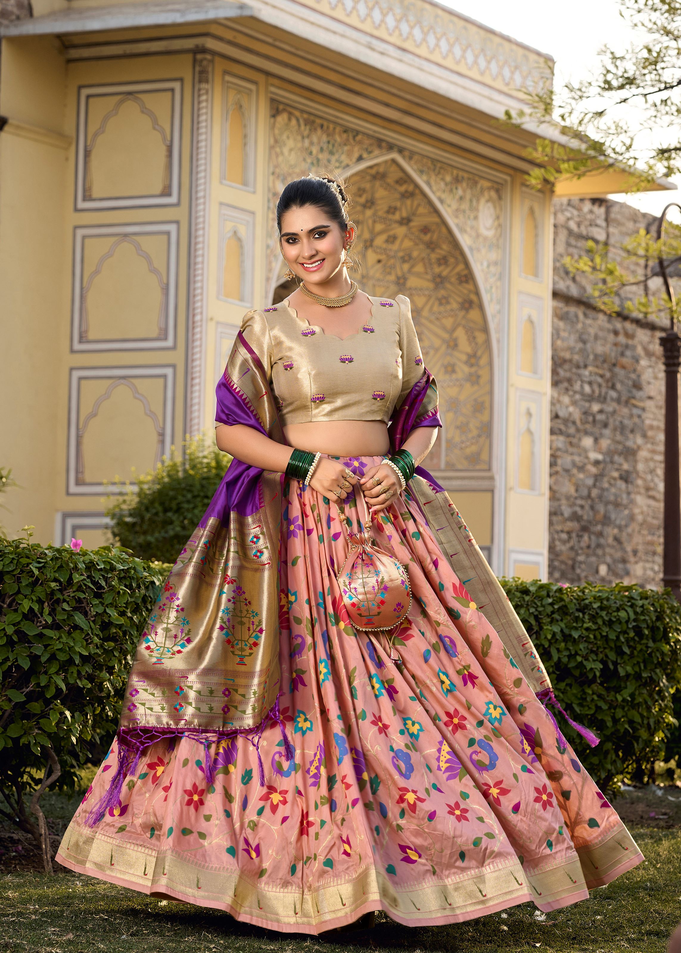 Peach Perfection Traditional Jacquard Silk Lehenga With Timeless Zari Elegance