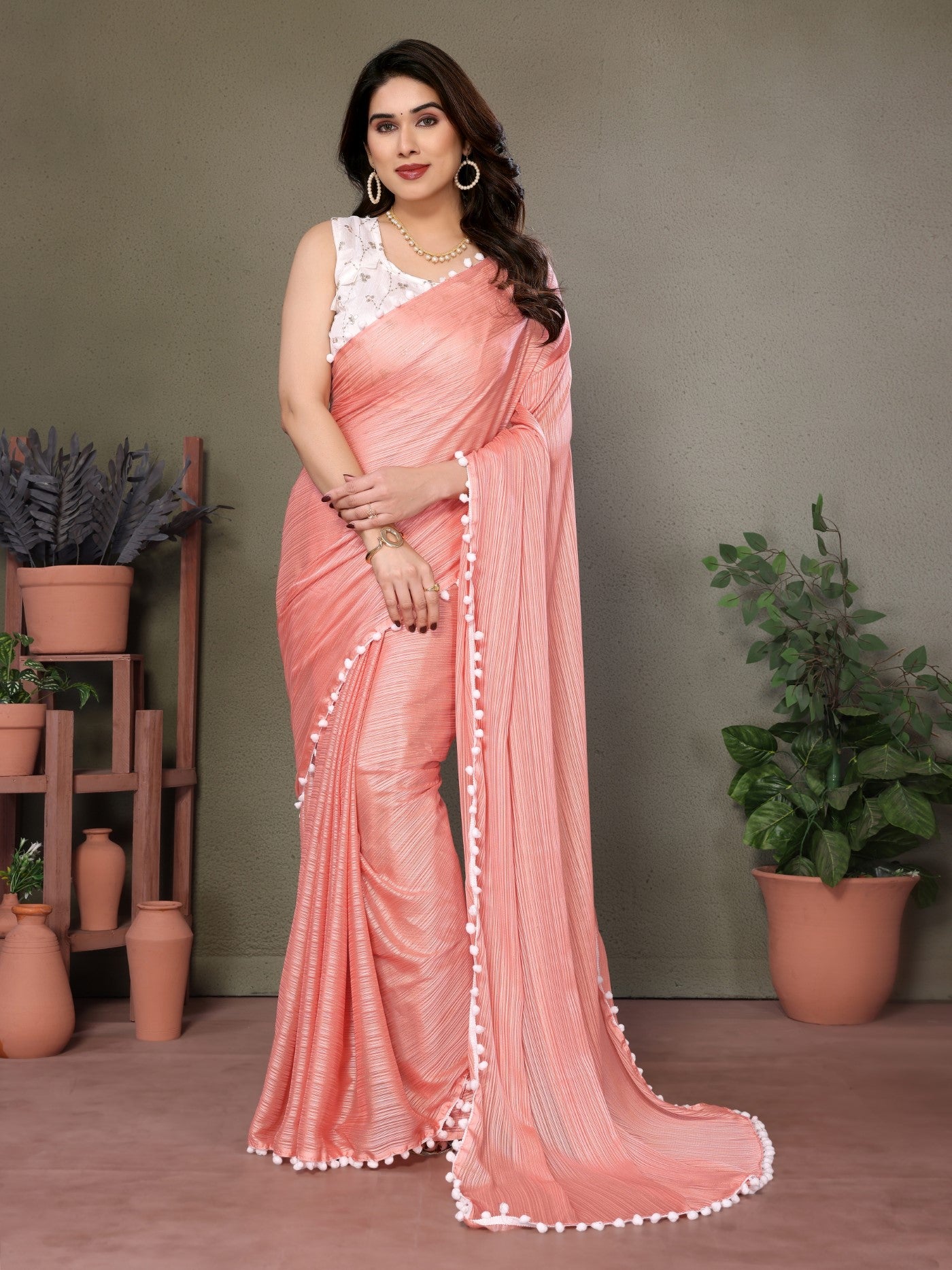 Peach Polyester Zari Saree With Plain Saree With Embroidery Work Blouse And Pum Pum Lace