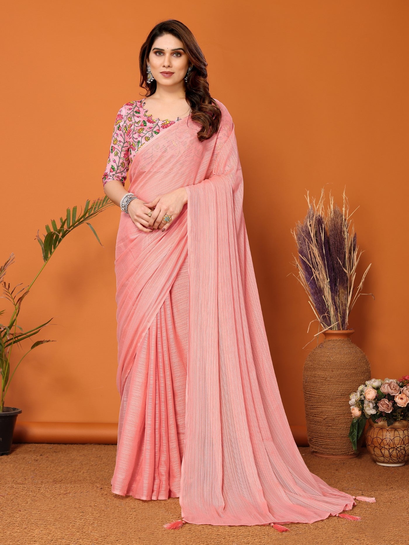 Peach Polyester Zari Saree With Plain Saree With Kalamkari Print Blouse
