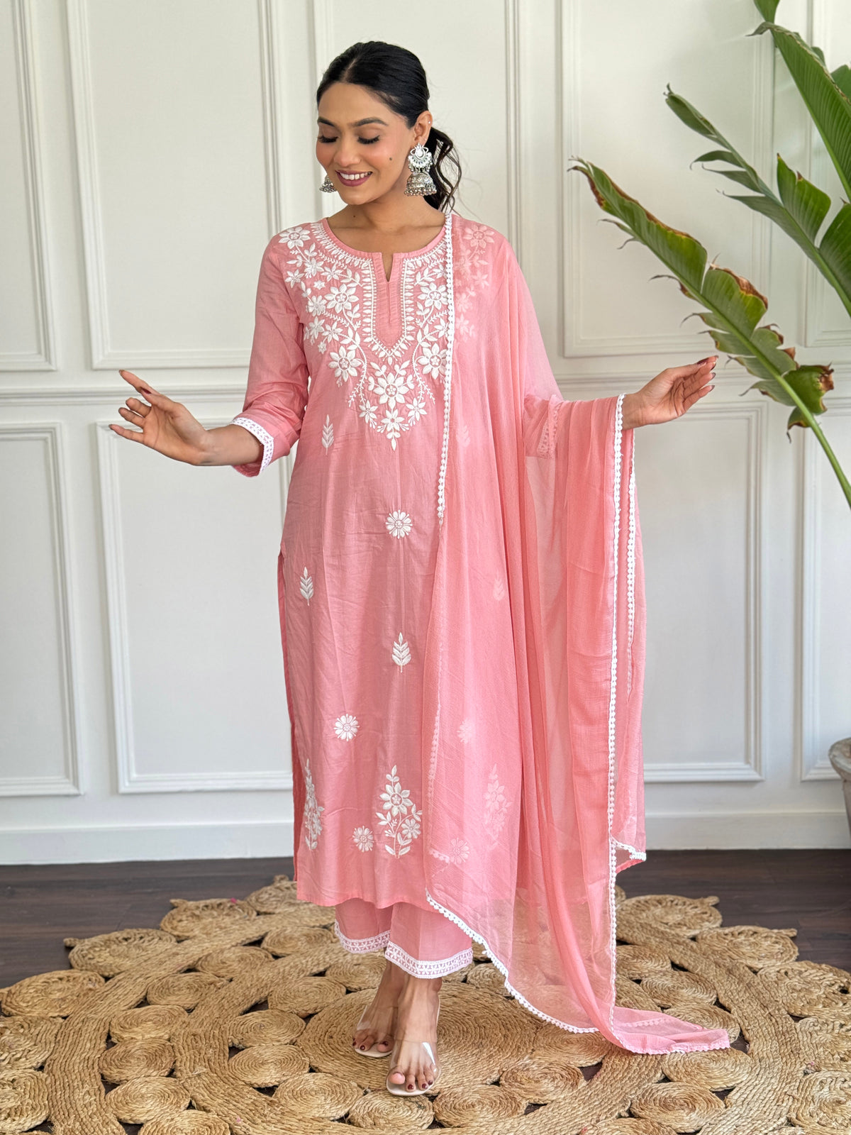 Peach Pure Cotton Elegant Kurta Pant Set With Chikankari Work