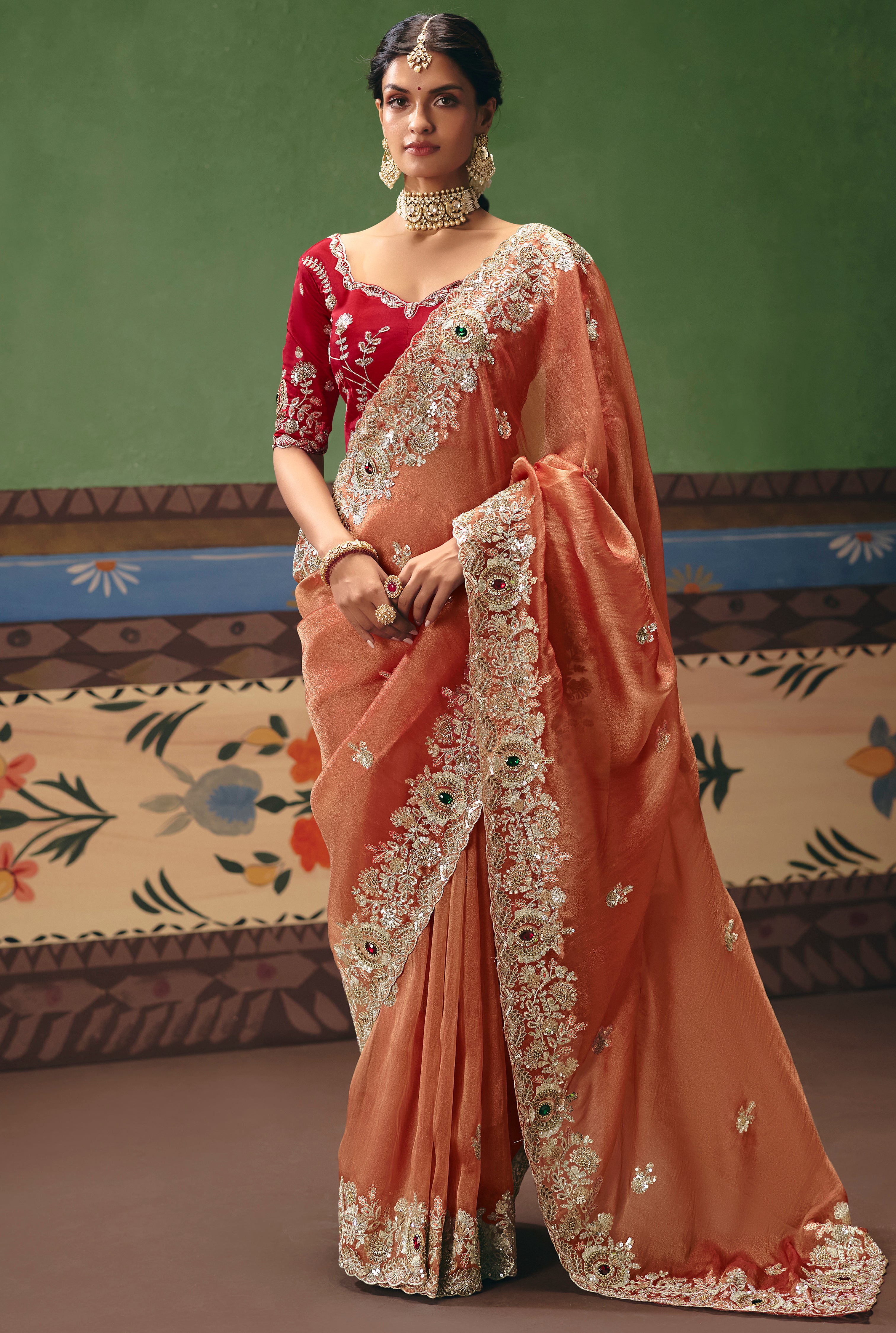 Peach Saree With Heavy Designer Embroidery, Sequince, Stone, Pearl With Beads Work