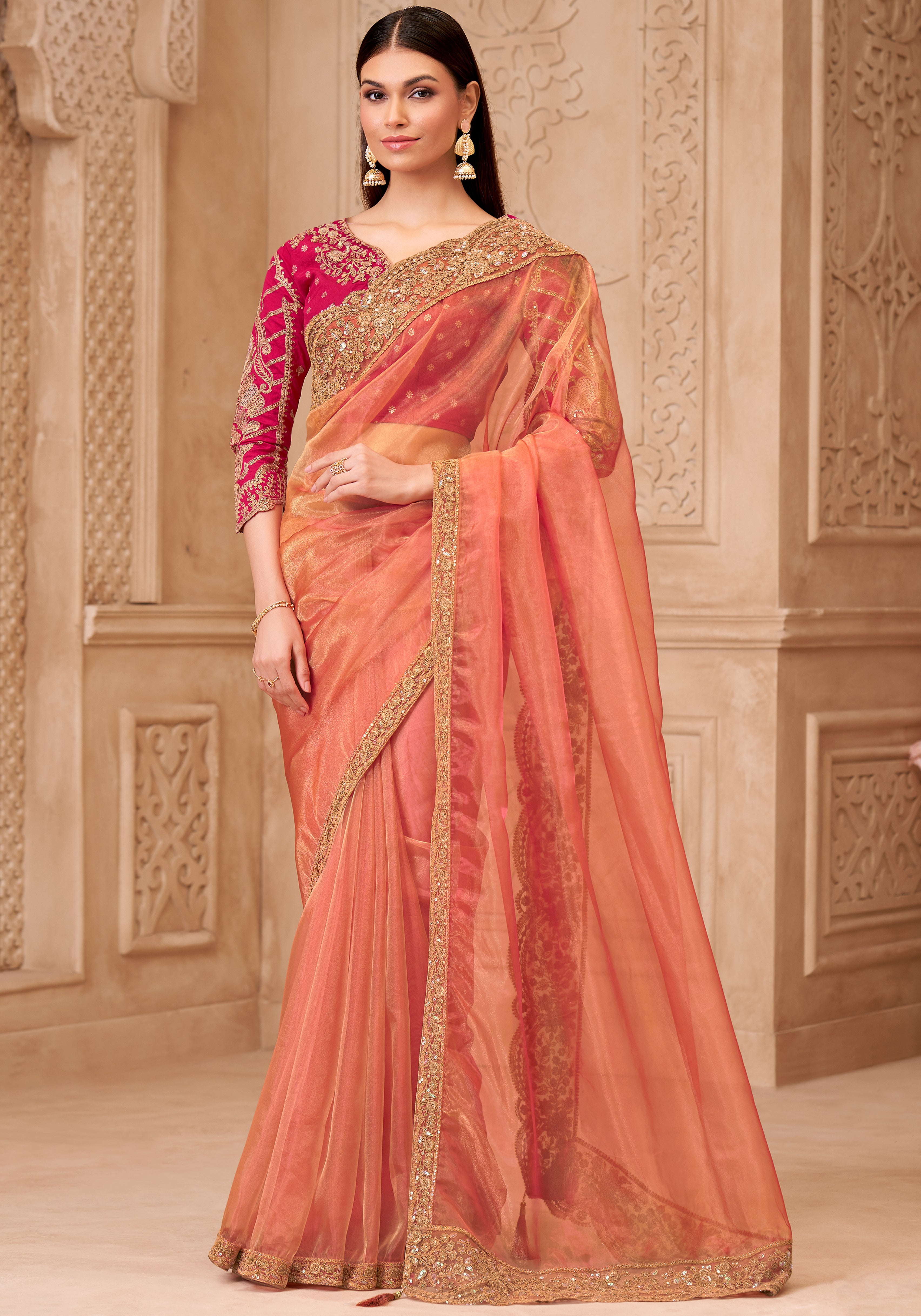 Peach Saree With Heavy Thread Embroidery Sequins Border Work With Embroidery Blouse