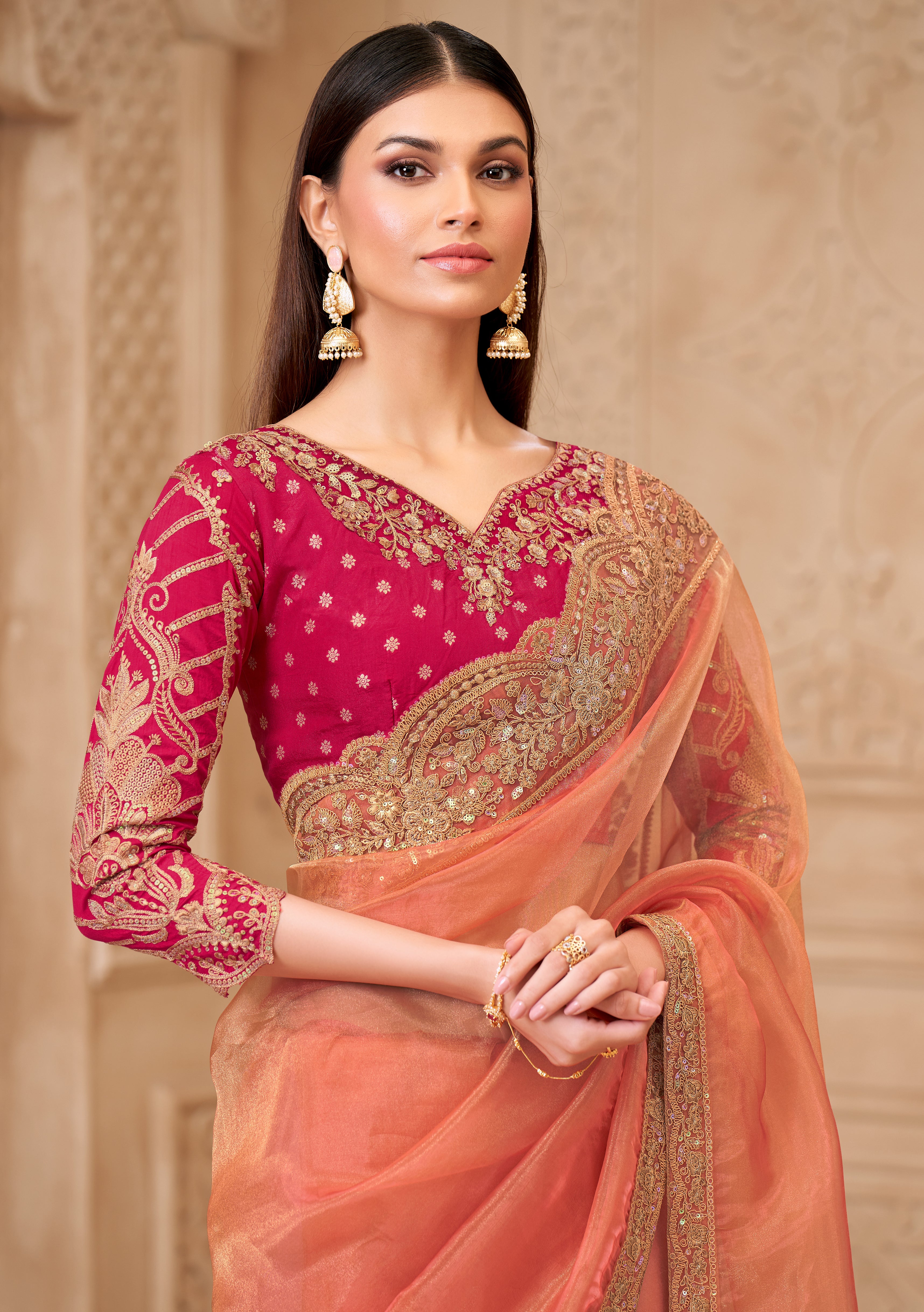 Peach Saree With Heavy Thread Embroidery Sequins Border Work With Embroidery Blouse