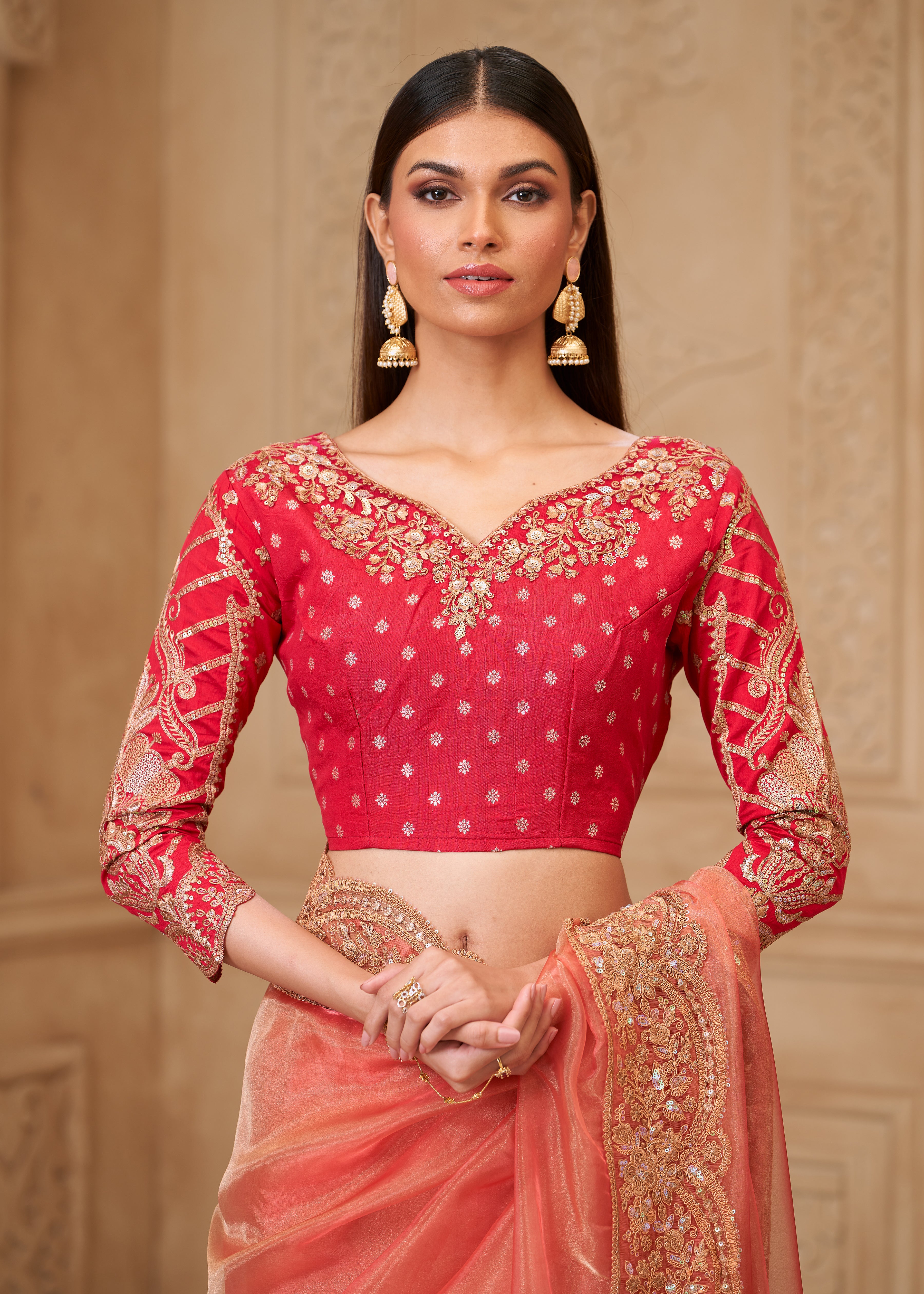 Peach Saree With Heavy Thread Embroidery Sequins Border Work With Embroidery Blouse