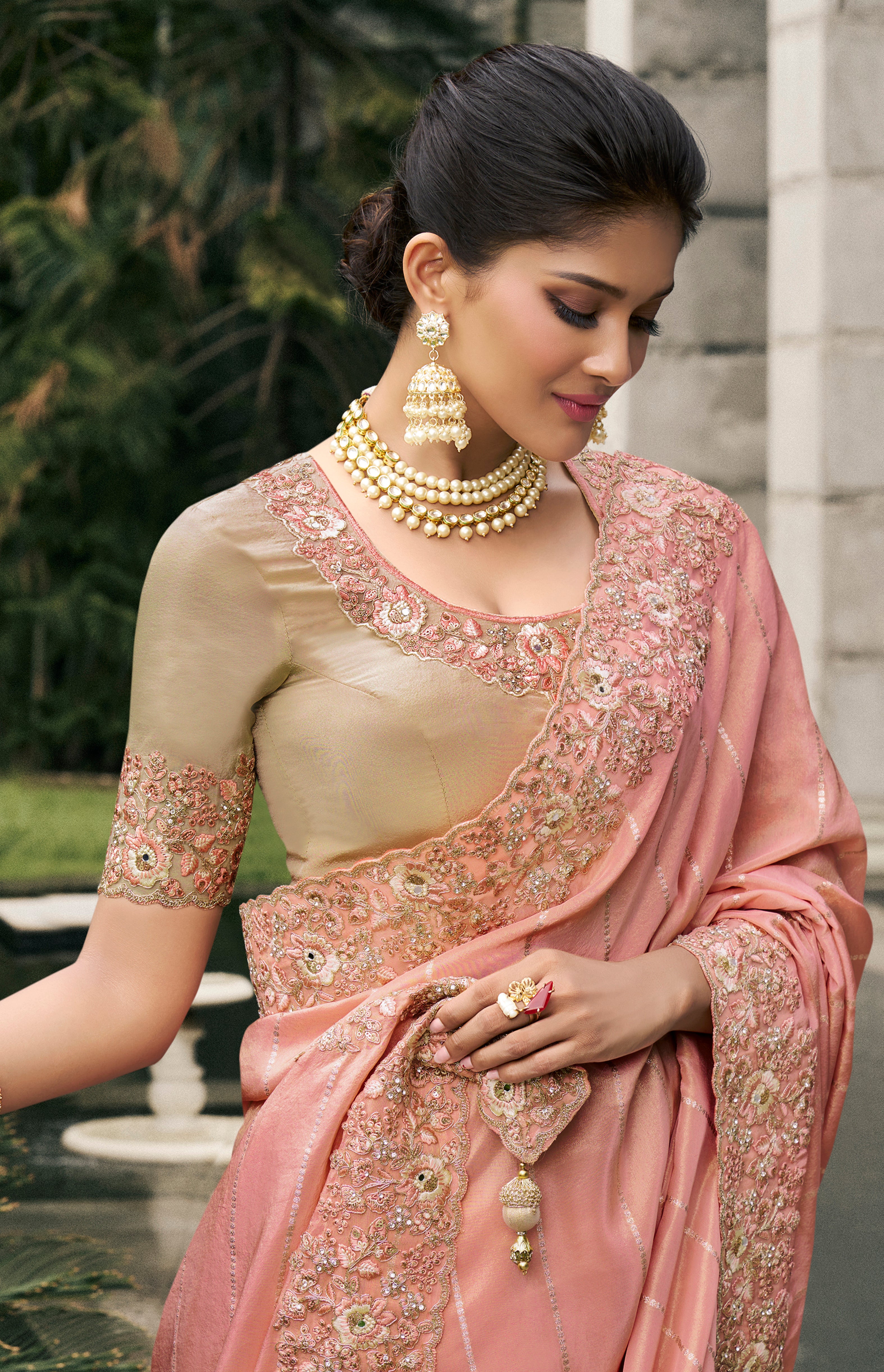 Peach Saree With Heavy Thread Embroidery, Stone, Pearl, Real Mirror Work