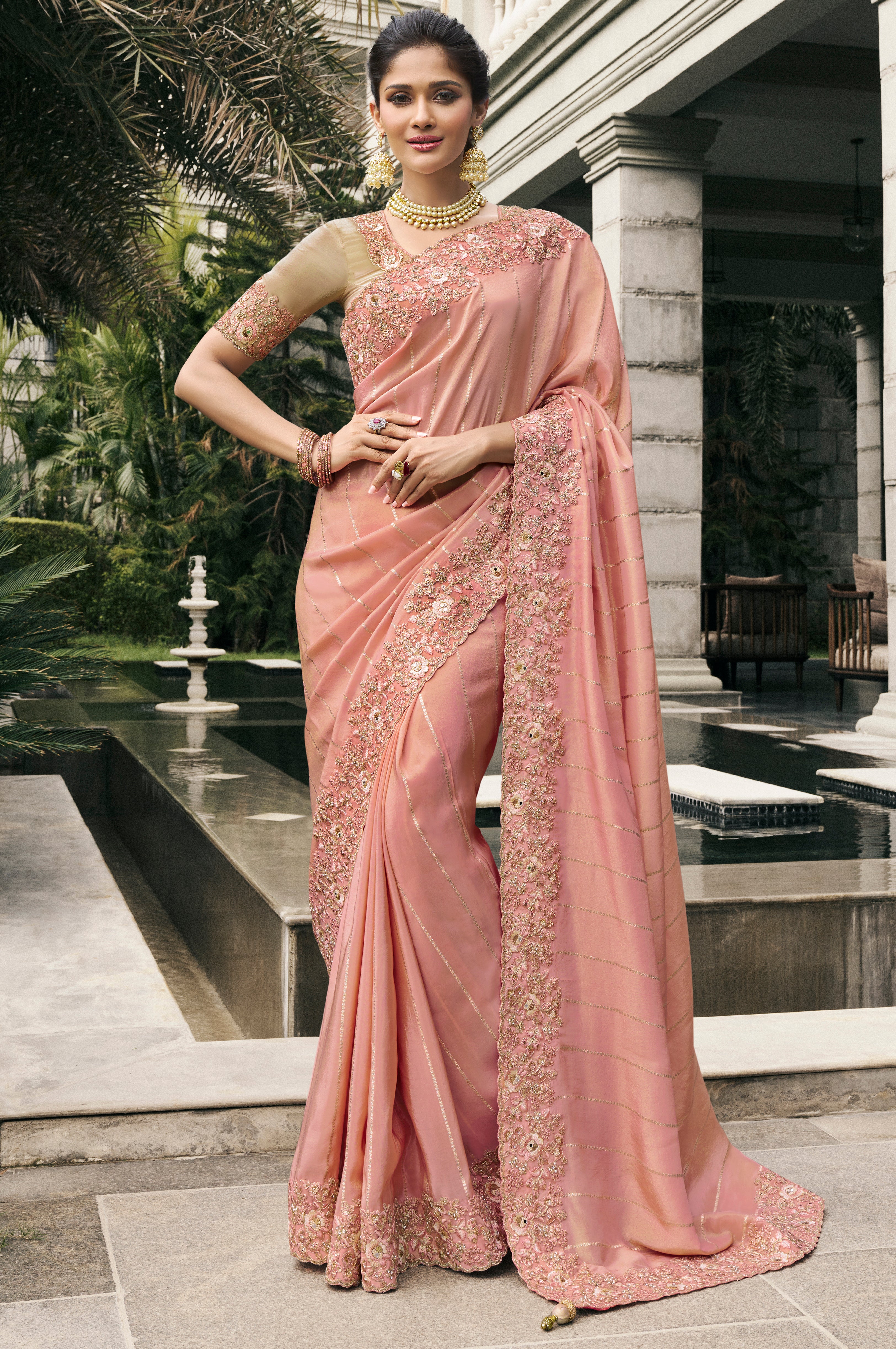 Peach Saree With Heavy Thread Embroidery, Stone, Pearl, Real Mirror Work