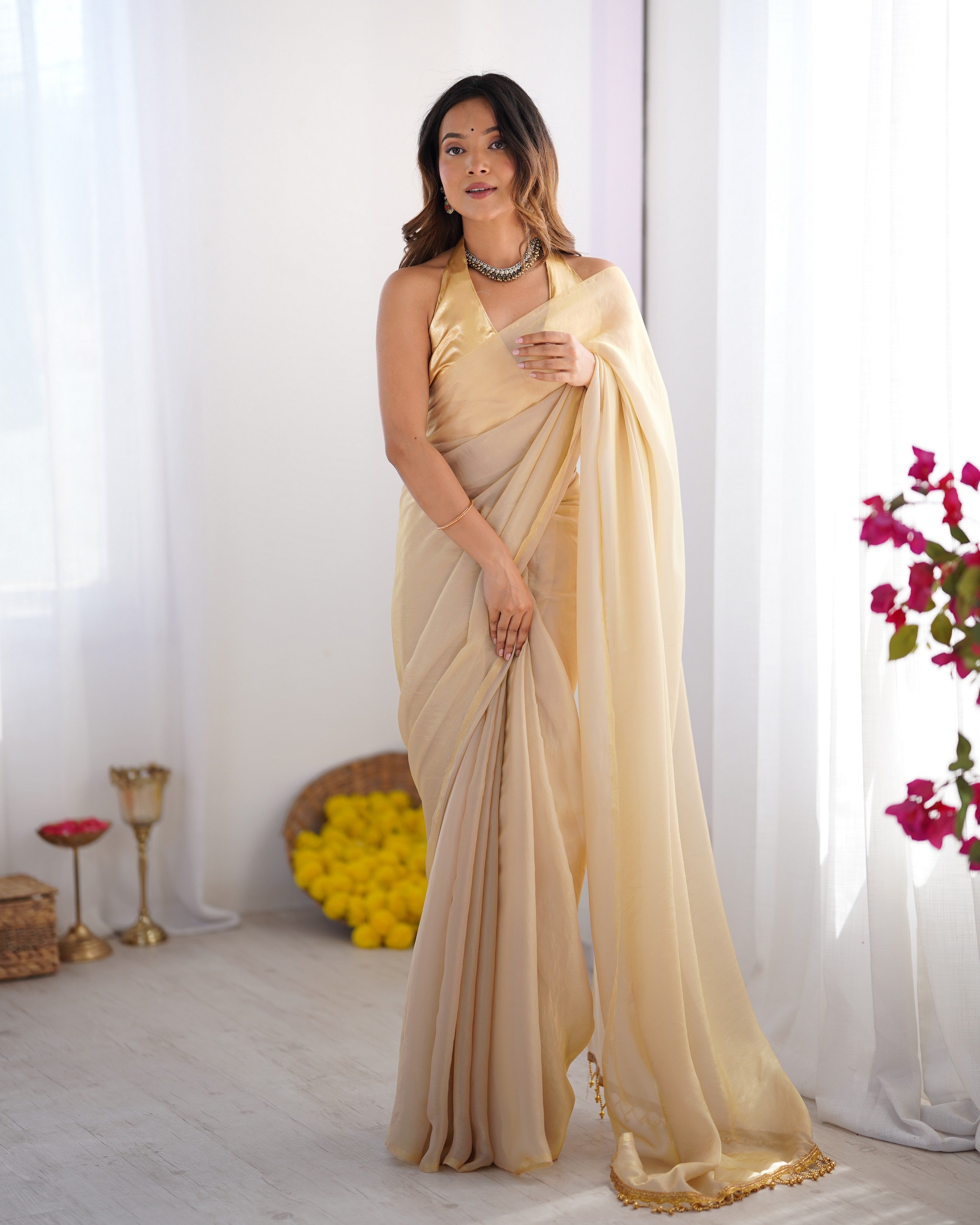 Peach Satin Gold Organza Solid Designer With Lace Border Bollywood Style Saree