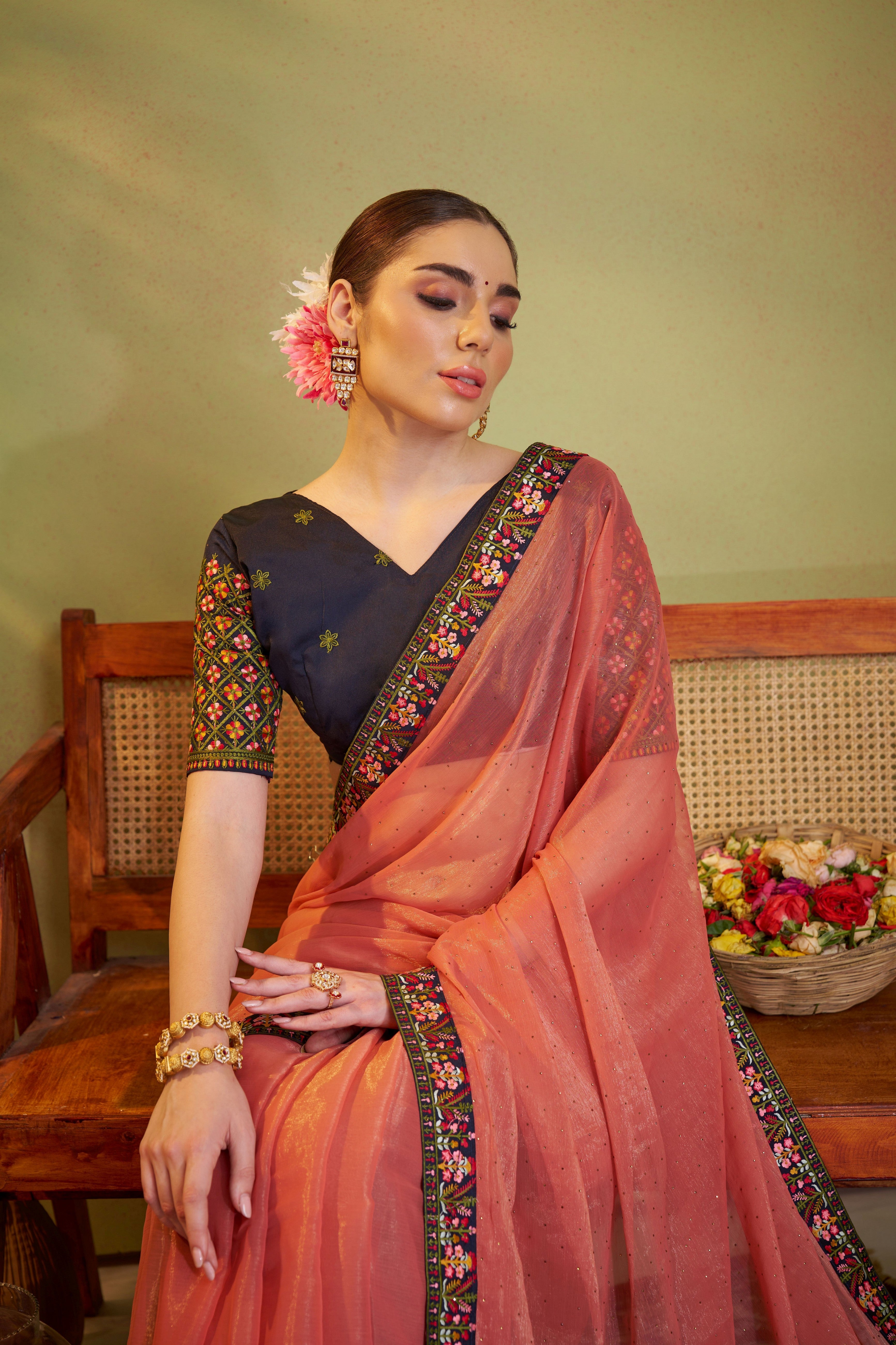 Peach Shimmer Chiffon Designer Embroidery Work Partywear Saree