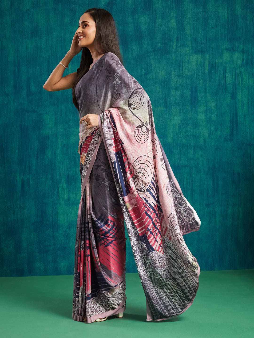 Peach Silk Crepe Designer Digital Printed Ready To Wear Saree