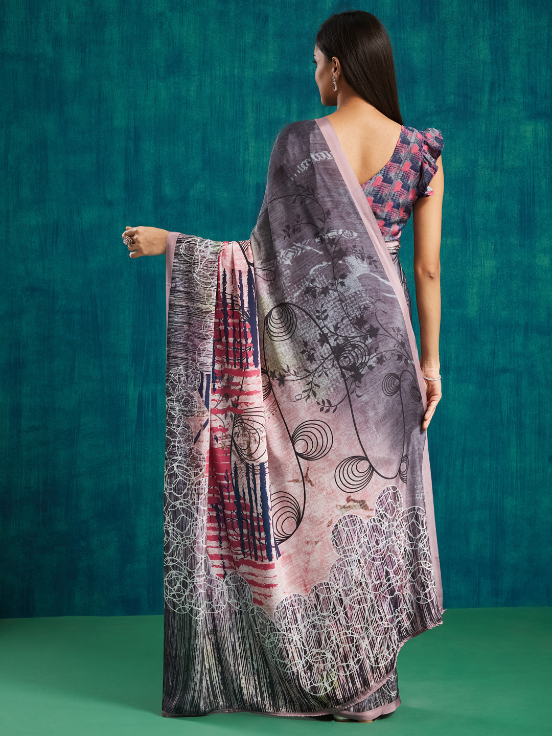 Peach Silk Crepe Designer Digital Printed Ready To Wear Saree