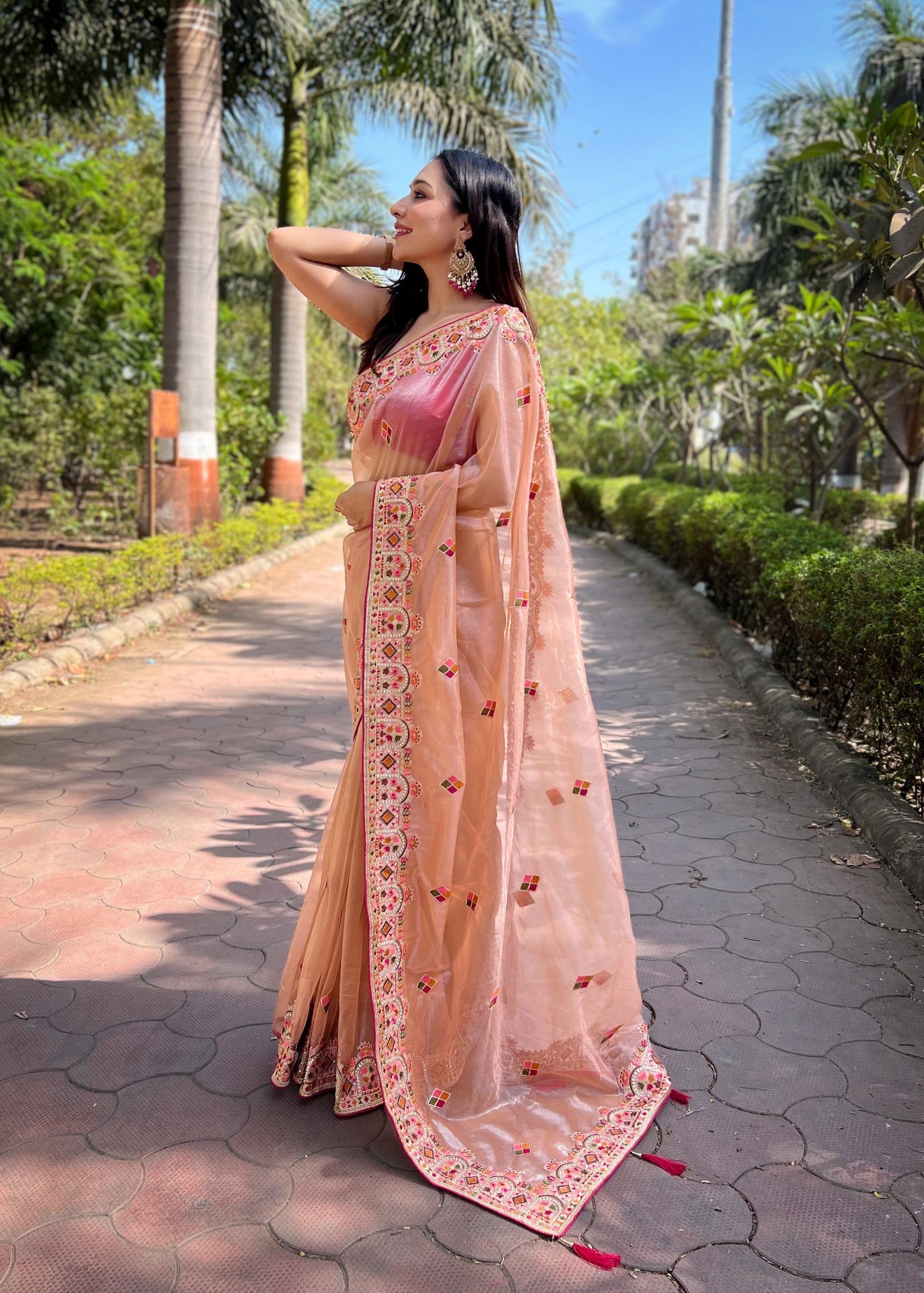 Peach Silver Tissue Silk Heavy Embroidery Saree For Beautiful Ceremonial Saree