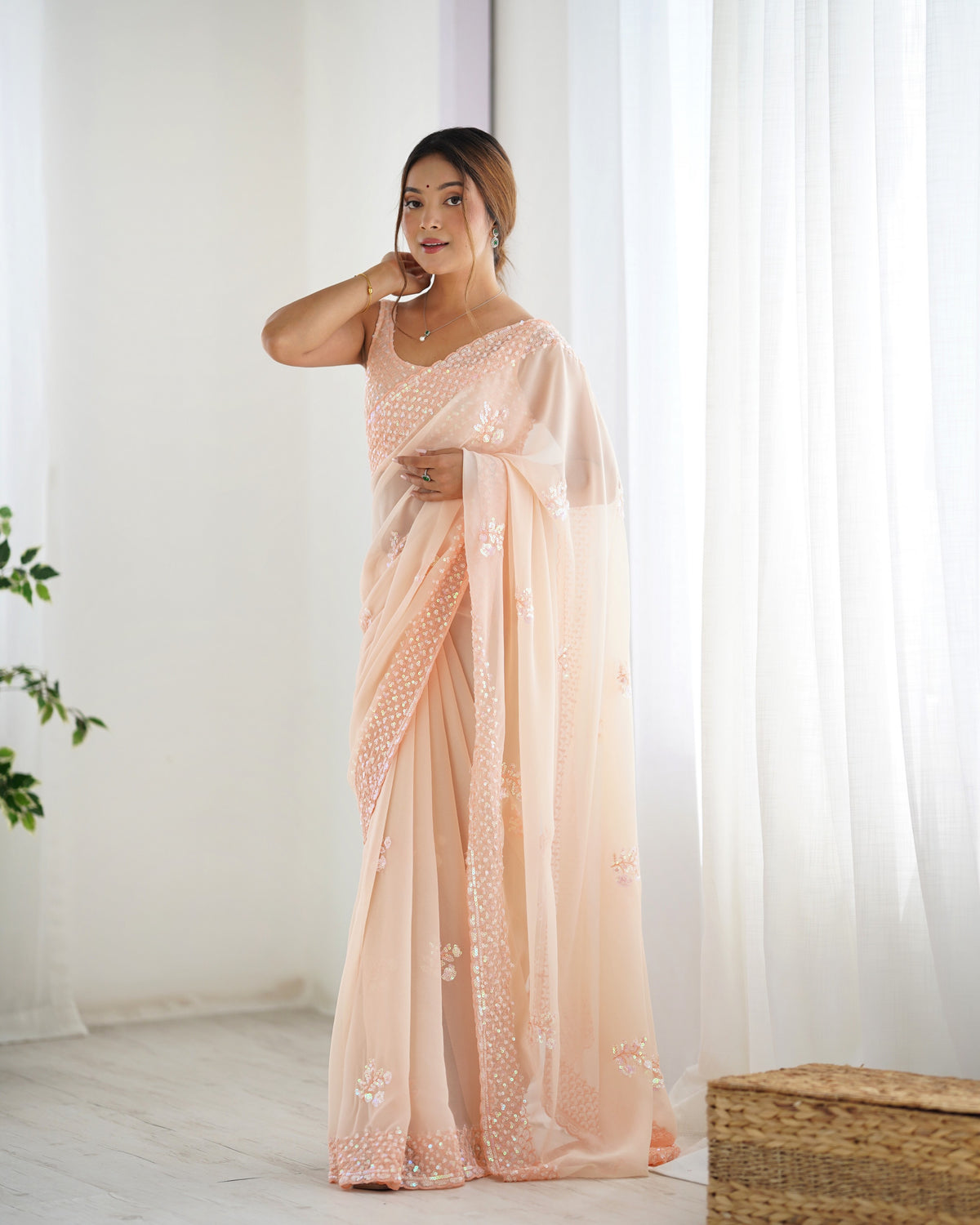 Peach Smart And Sparkling Bollywood Party Style Sequins Work Saree