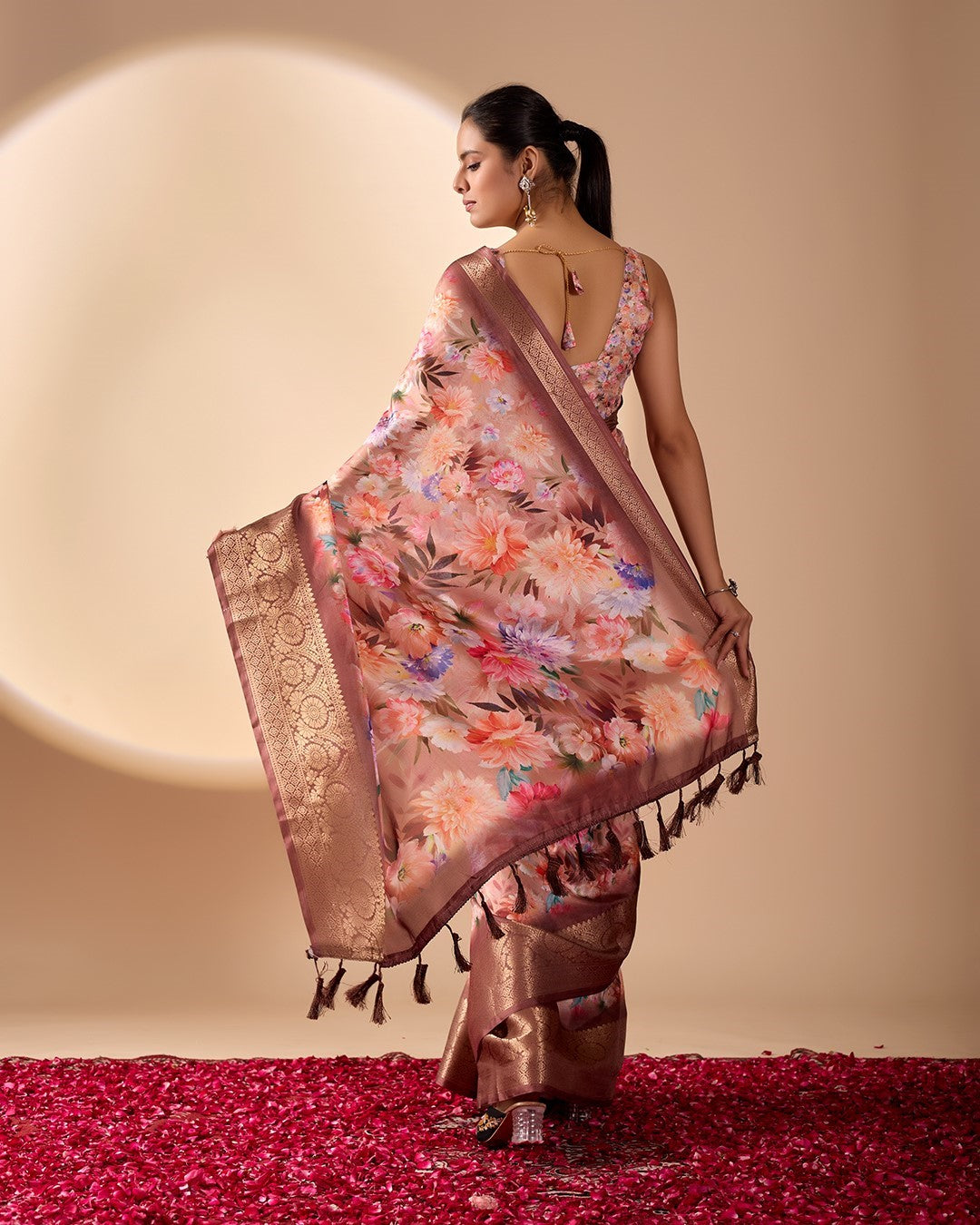 Peach Soft Lichi Silk Saree With Digital Printed Elegant Premium Saree
