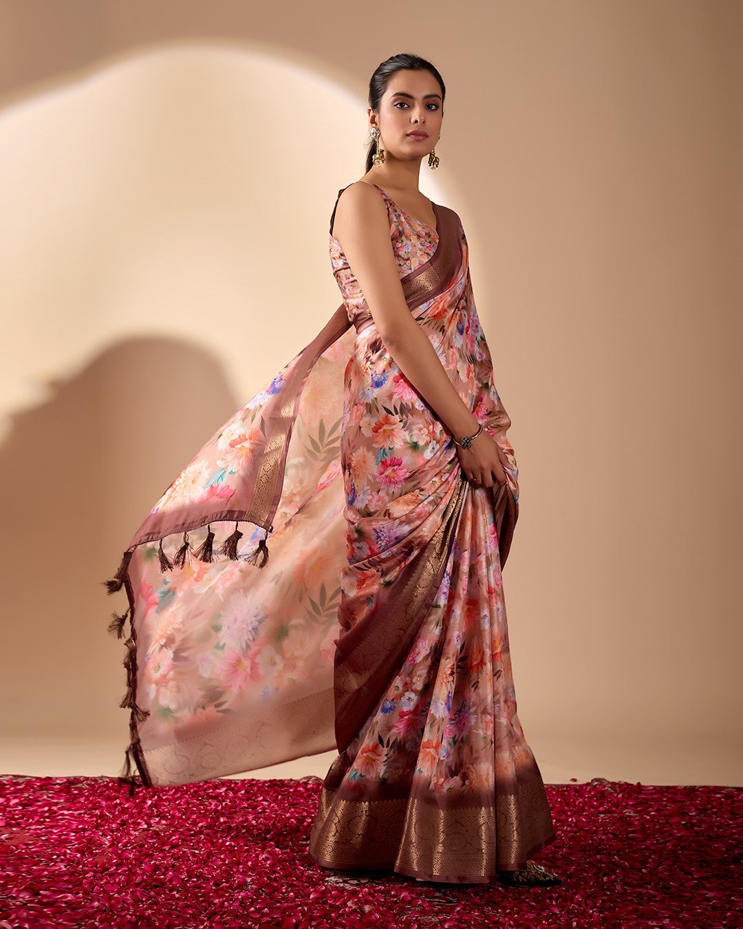 Peach Soft Lichi Silk Saree With Digital Printed Elegant Premium Saree