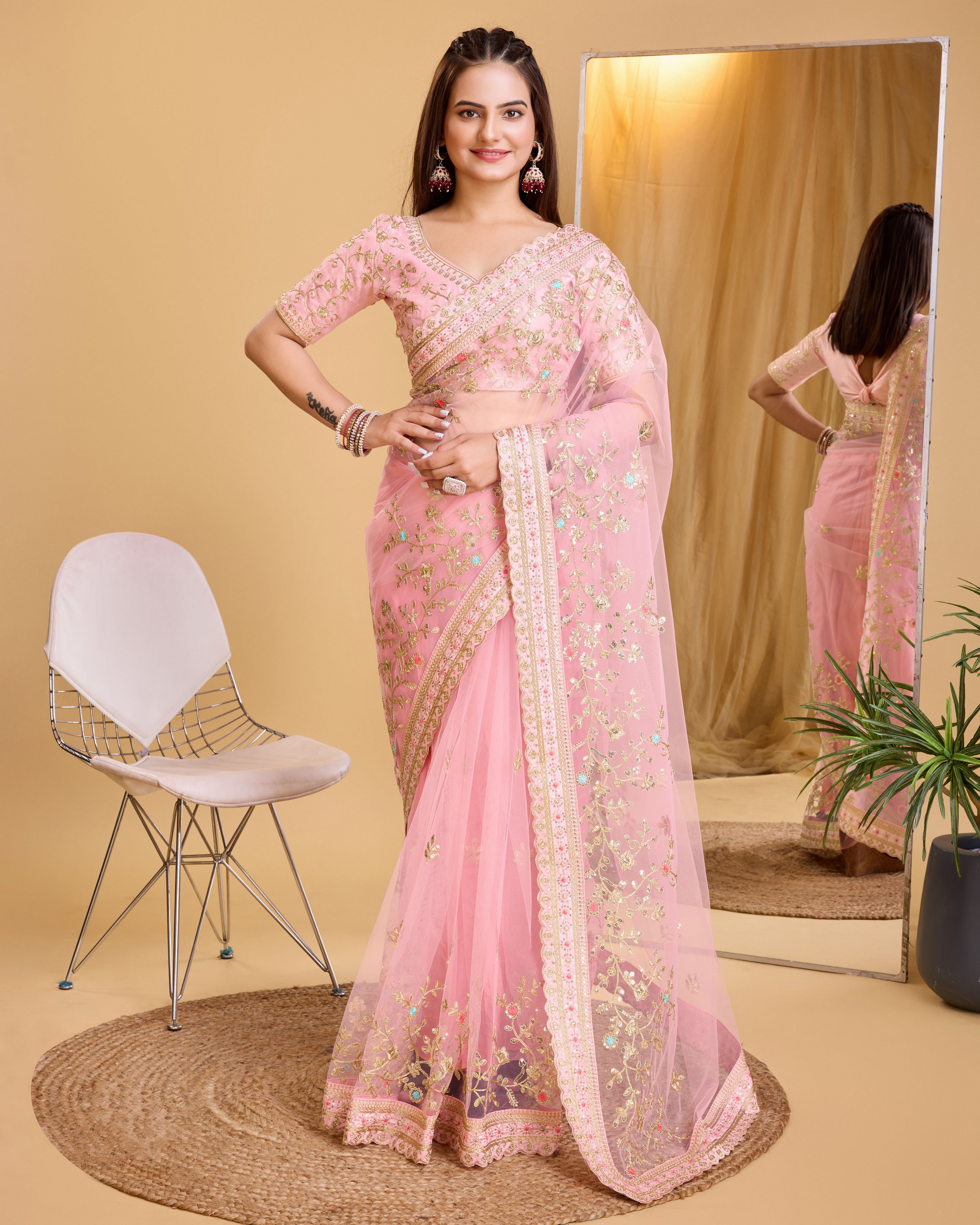 Peach Soft Net Designer Embroidery Work Bollywood Style Saree
