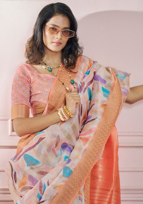 Peach Soft Silk Saree With Printed