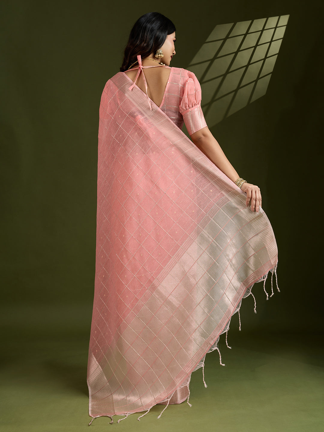 Peach Soft Silk Saree with Checks and Zari Pallu