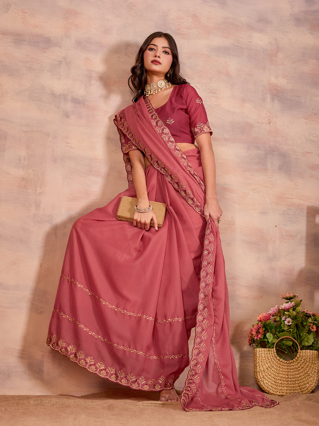 Peach Star Georgette Fancy Saree With Heavy Sequins Work