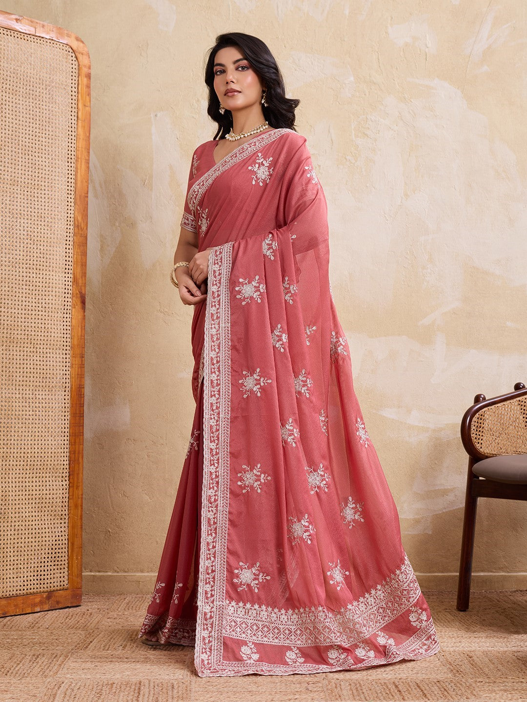 Peach Star Georgette Saree With Printed Elegant Traditional Saree