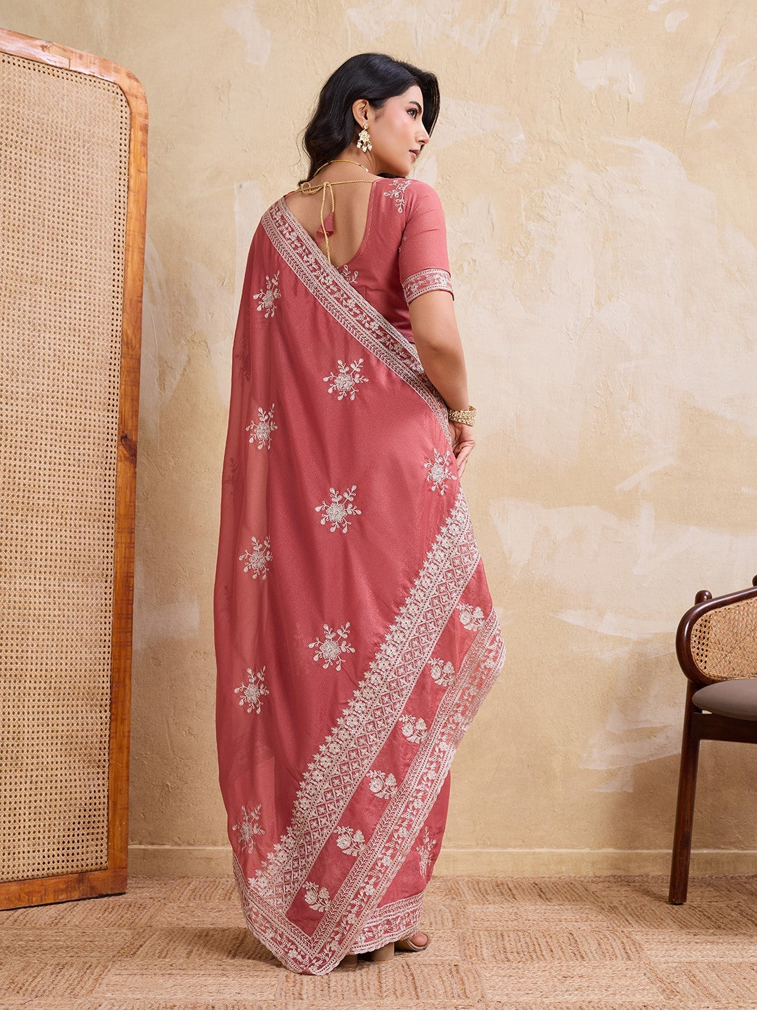 Peach Star Georgette Saree With Printed Elegant Traditional Saree