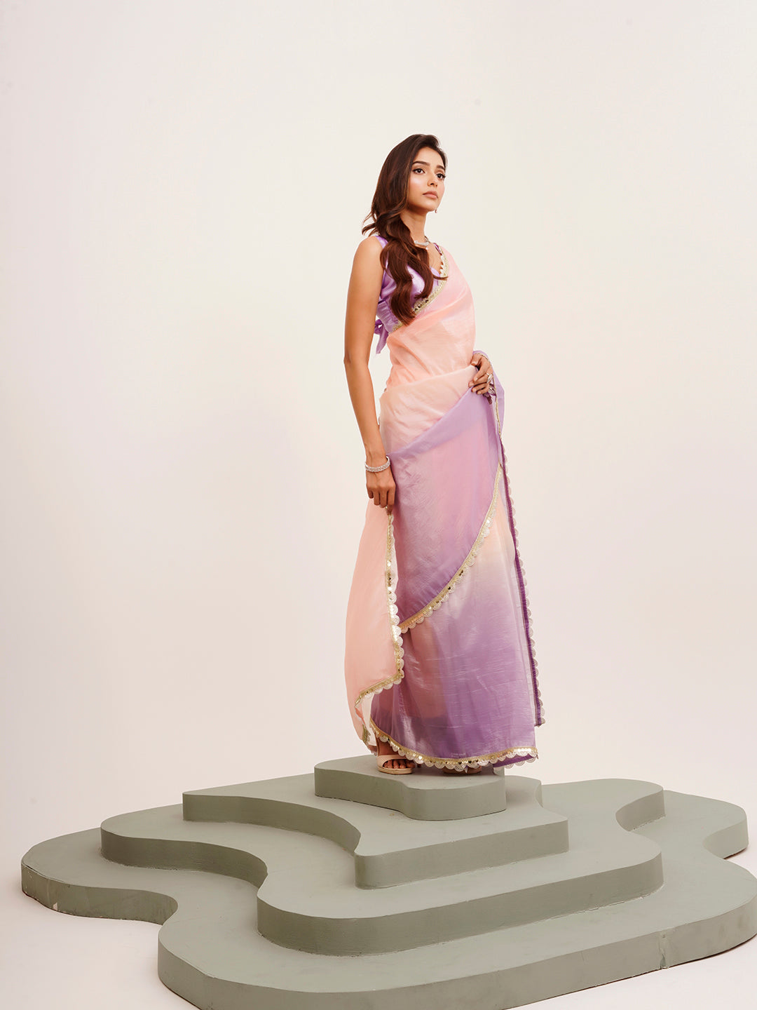 Peach Tissue Embellished Sequinned Work Fancy Saree