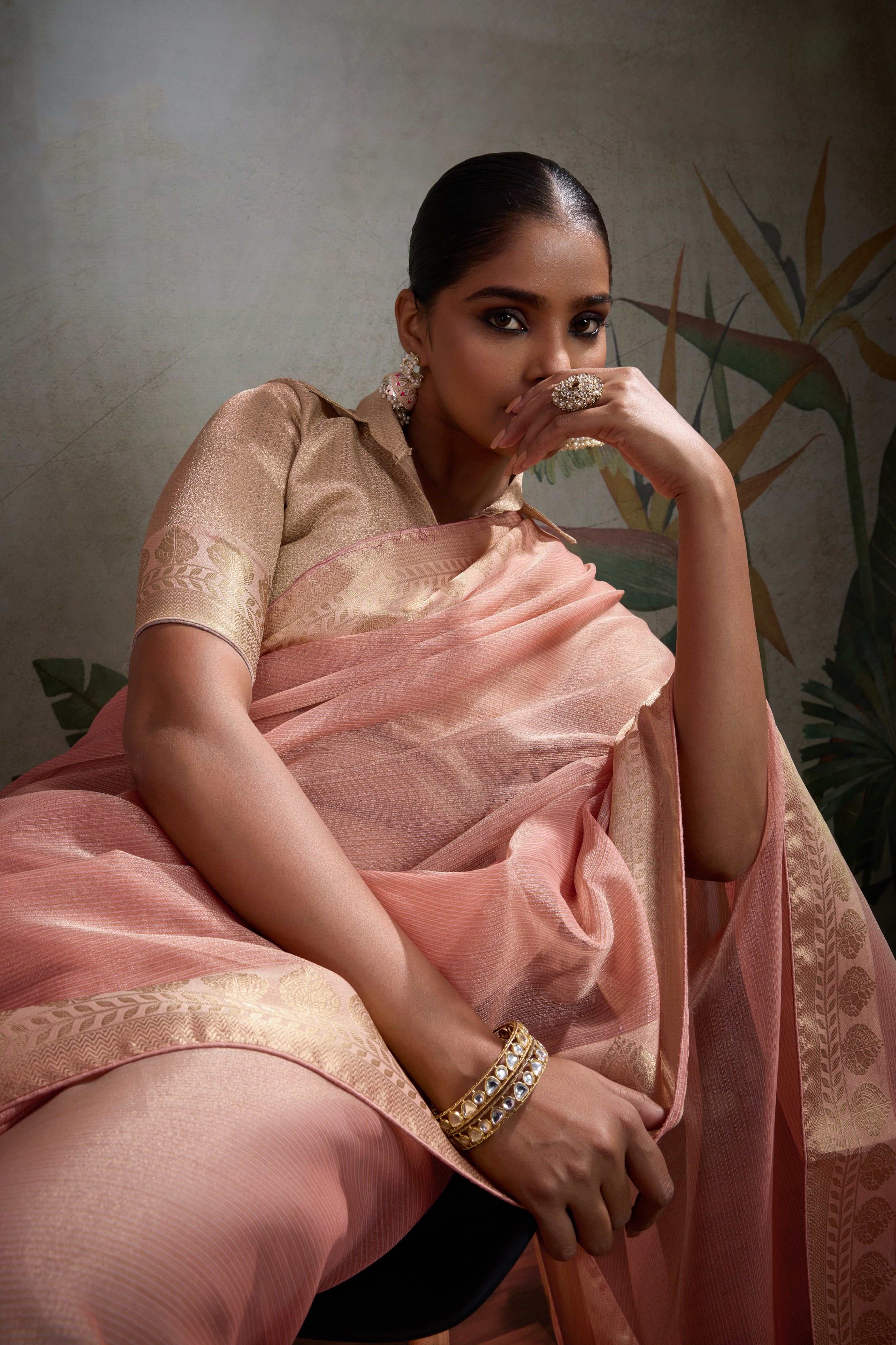 Peach Tissue Saree with Woven Patta Work