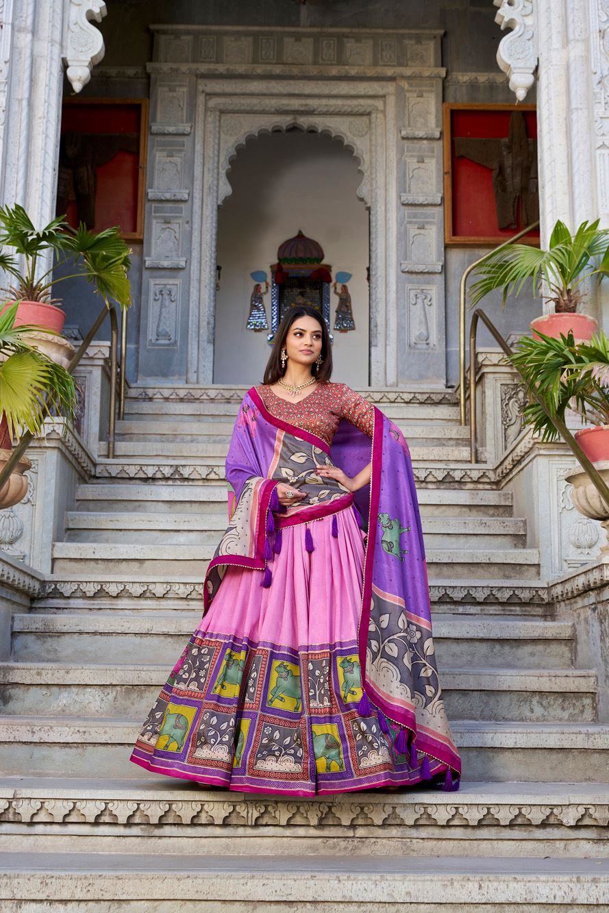 Peach Tussar Silk Lehenga with Kalamkari Print and Elegant Foil Work Accents