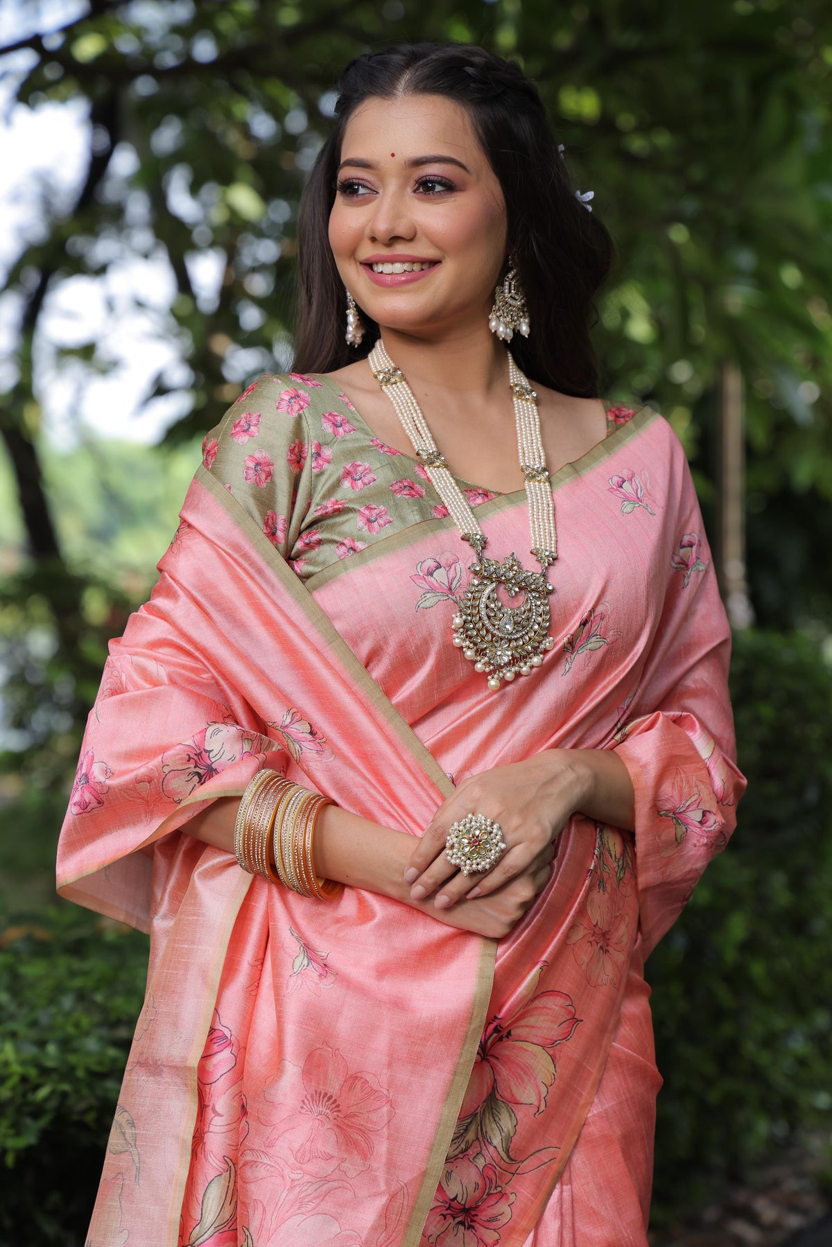 Peach Tussar Silk Saree with Artistic Floral Printed Pattern