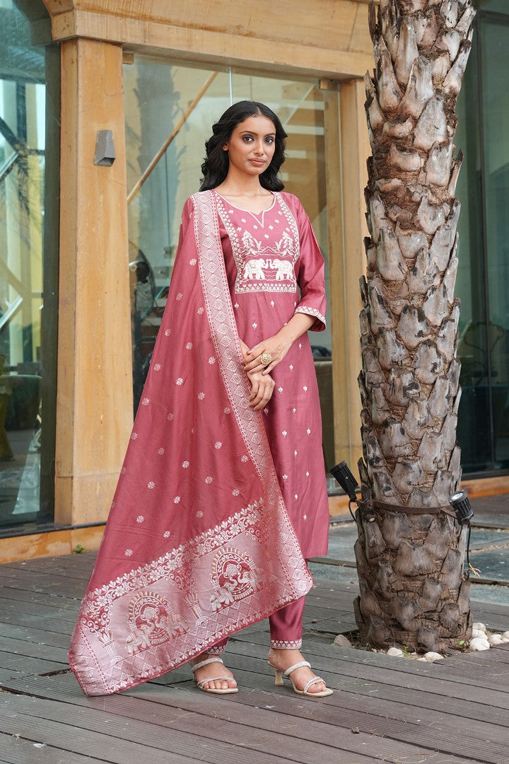 Peach Vatican Designer Suit Set With Handcrafted Embroidery